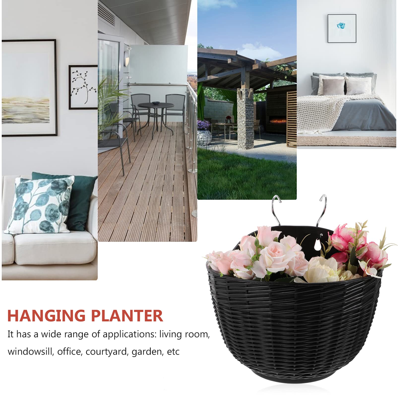 DOITOOL Black Plastic Rattan Wall Hanging Planter Basket - Half Moon Self Watering Flower Pot for Indoor/Outdoor Plants - Perfect for Porch, Balcony, Fence & Garden Decor