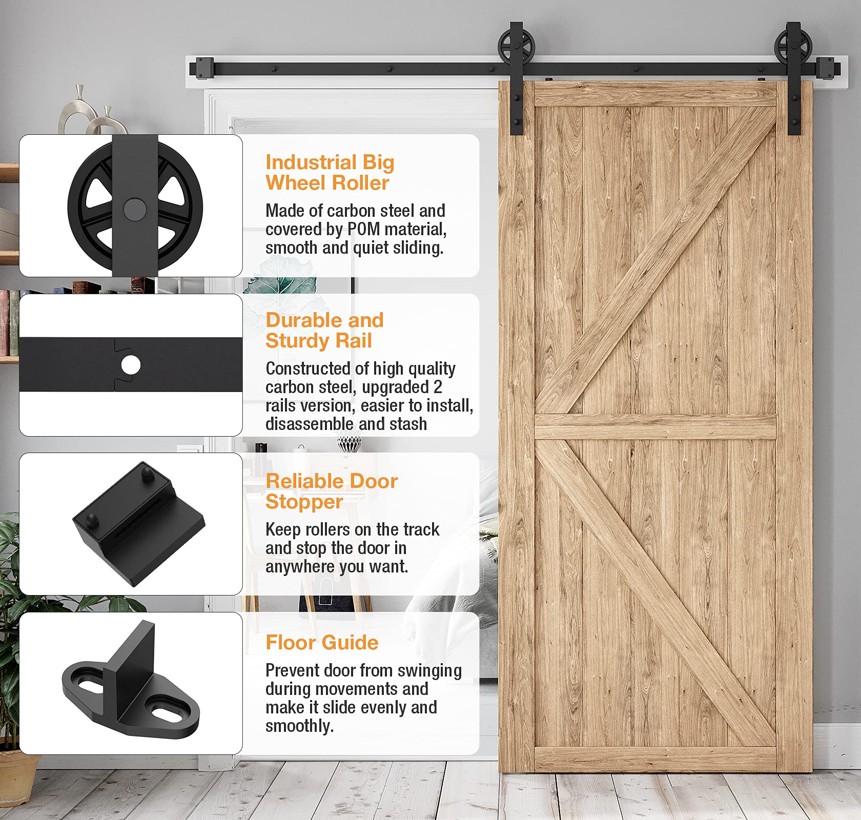 Heavy Duty 6.6FT Sliding Barn Door Hardware Kit - Industrial Big Wheel J Hangers for Wood Single Doors (Fits 1 3/8