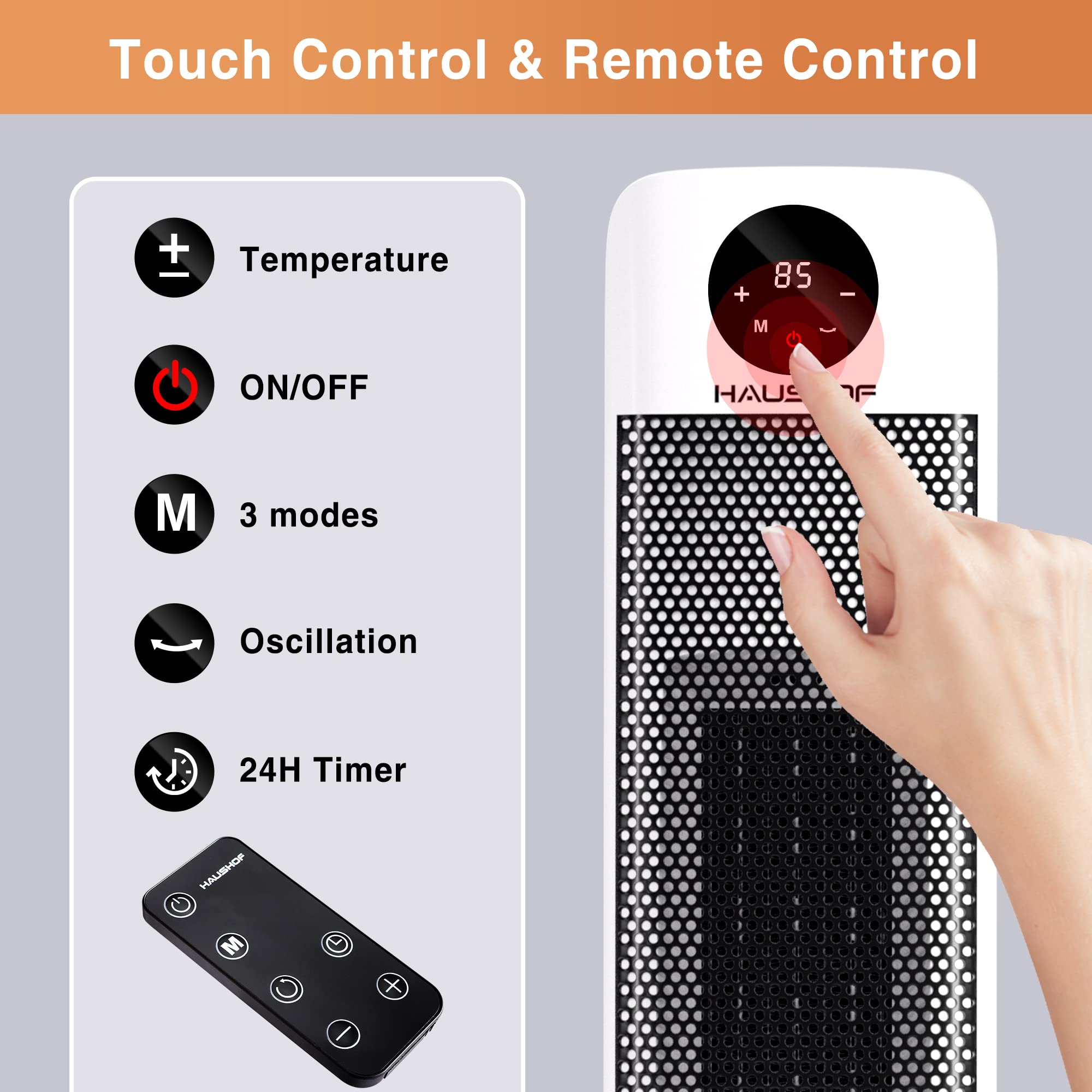 HAUSHOF 1500W Digital Ceramic Tower Space Heater with Touch & Remote Control - 24H Timer, Overheat Protection - Perfect for Home, Office & Bedroom Use