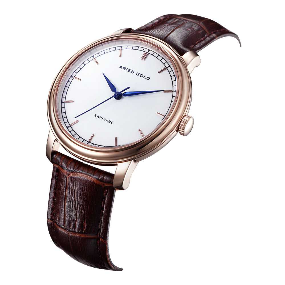 ARIES GOLD Analog Quartz Stainless Steel Men's Watch with Rose Gold Leather Strap - Model G 1012Z RG - Perfect for Business, Casual & Formal Occasions