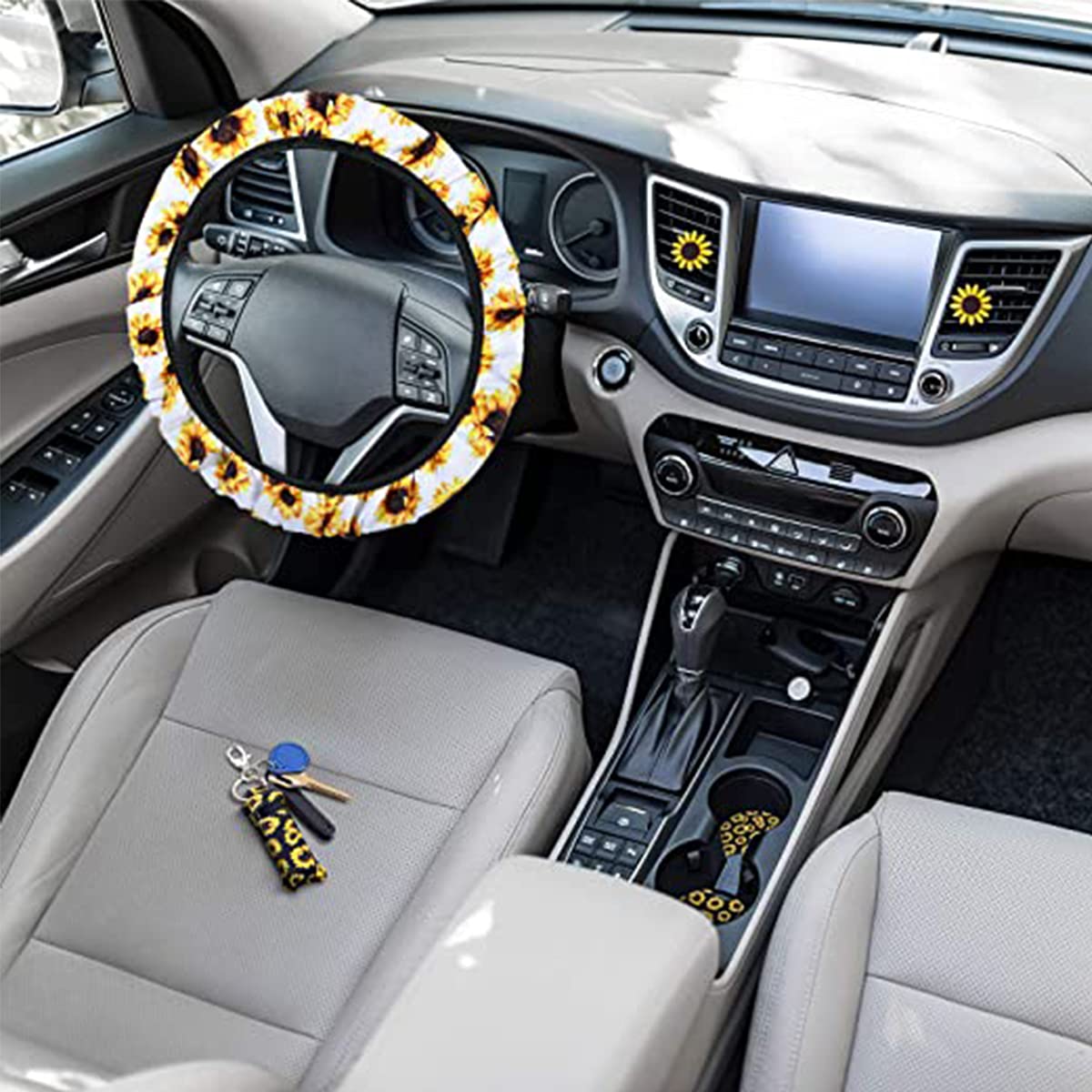 YONGYAO 10pcs Sunflower Car Accessories Set with Steering Wheel Cover - Cute Floral Car Decor for Women - Perfect for Summer Road Trips & Boho Style Vehicle Decoration