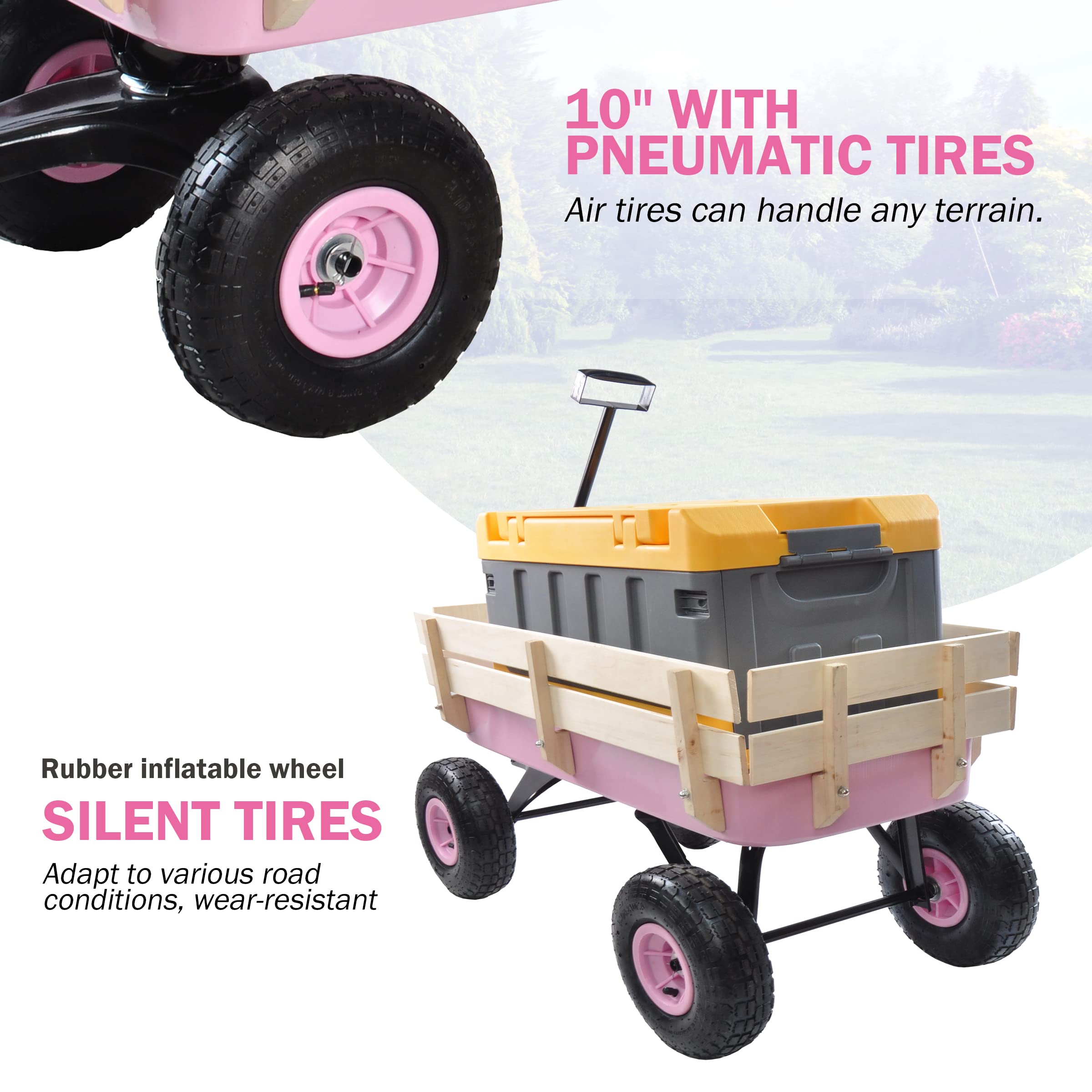 Heavy Duty Steel Wooden Side Support Cargo Wagon with 10” All-Terrain Air Tires - 176lb Capacity Foldable Garden Cart for Kids Toys, Gardening Supplies, Beach Gear & Home Projects (Pink) | Perfect for Outdoor Adventures, Yard Work & Family Fun