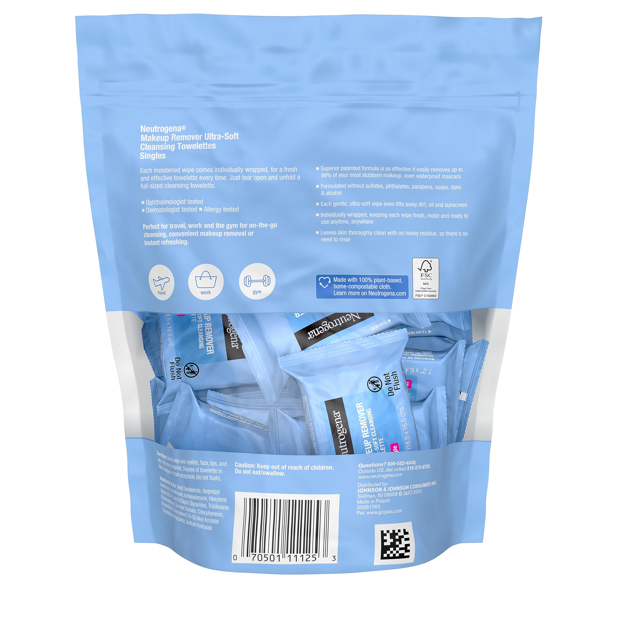 Neutrogena Makeup Remover Wipes Singles - 20 Individually Wrapped Facial Cleansing Towelettes | Alcohol-Free, Gently Removes Oil & Makeup | Perfect for Travel, Gym & On-the-Go Skincare