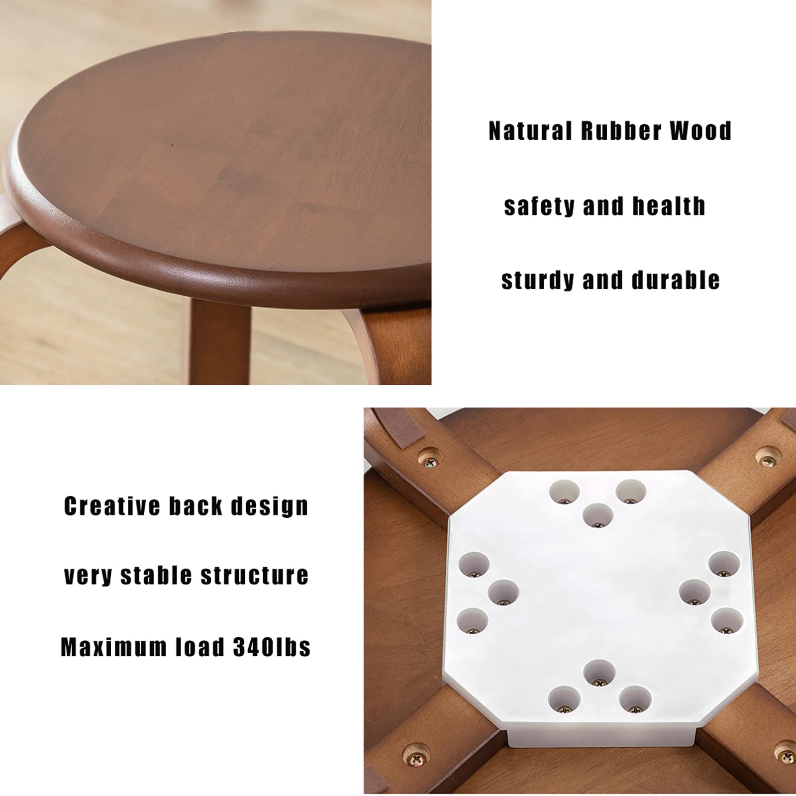 18 Inch Solid Wood Dining Stools Set of 2 - Round Backless Stackable Stools for Kitchen, Bar, Living Room & Bedroom - Natural Wooden Seat Stools for Home Decor & Extra Seating