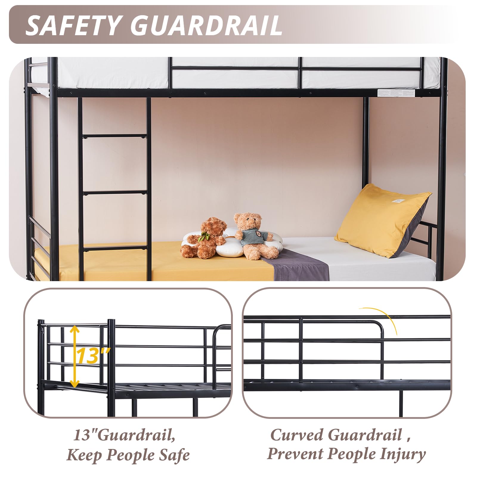 Karl Home Black Twin Over Twin Metal Bunk Bed with Built-in Ladder & Safety Guardrail - Space Saving Bunk Bed for Kids, Teens & Adults (No Box Spring Needed) - Perfect for Small Bedrooms, Dorms & Guest Rooms