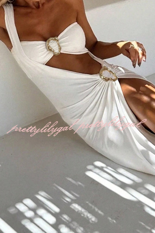 Sexy Metallic Two Piece Bikini Swimsuit Set with One Shoulder Cover Up - Stretchy Solid Color Swimwear for Women - Perfect for Beach Vacation, Pool Party & Summer Getaways