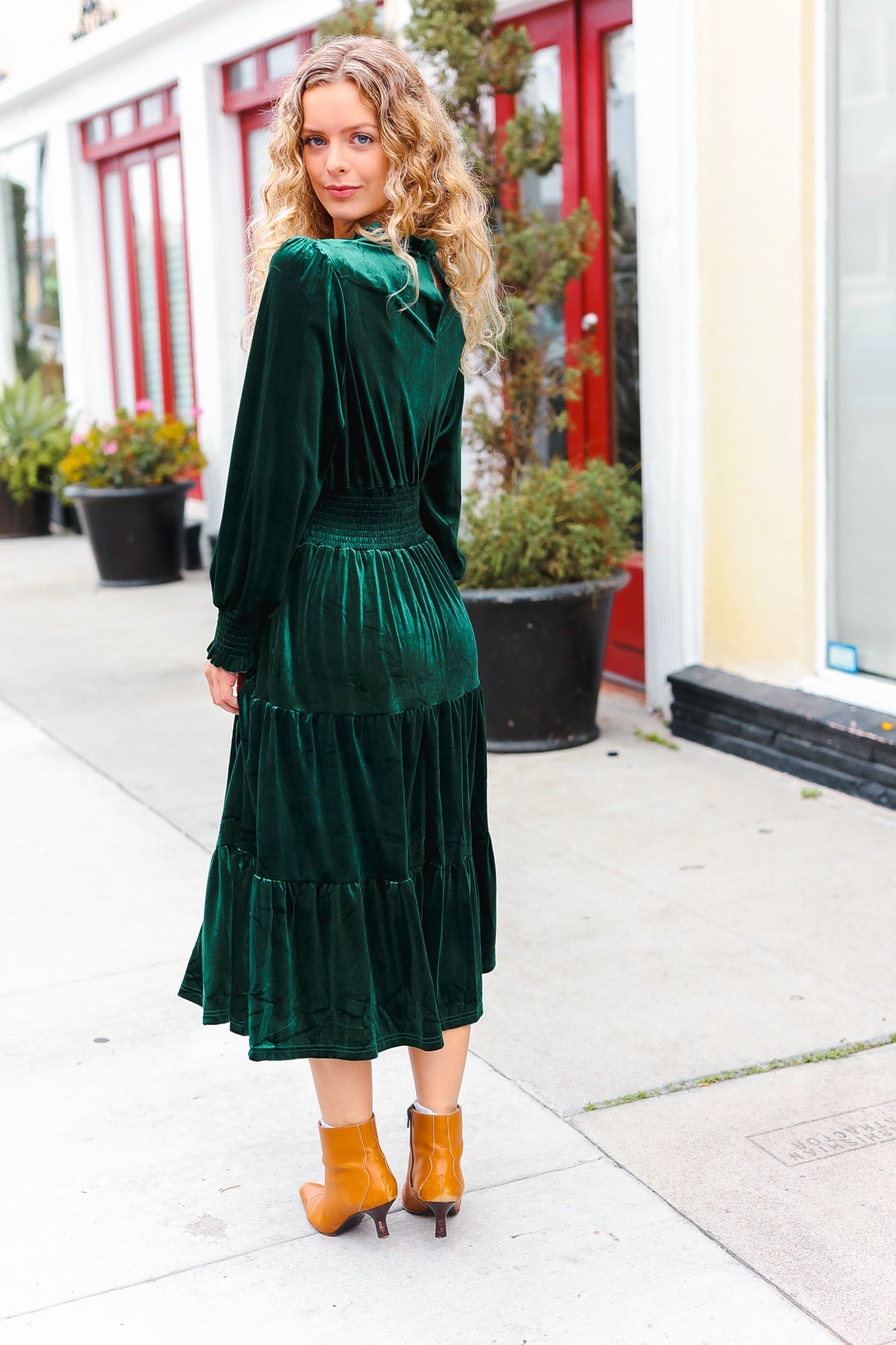 Holiday Dreaming Hunter Green Velvet Mock Neck Smocked Waist Dress for Women - Elegant Holiday Party & Christmas Dinner Outfit