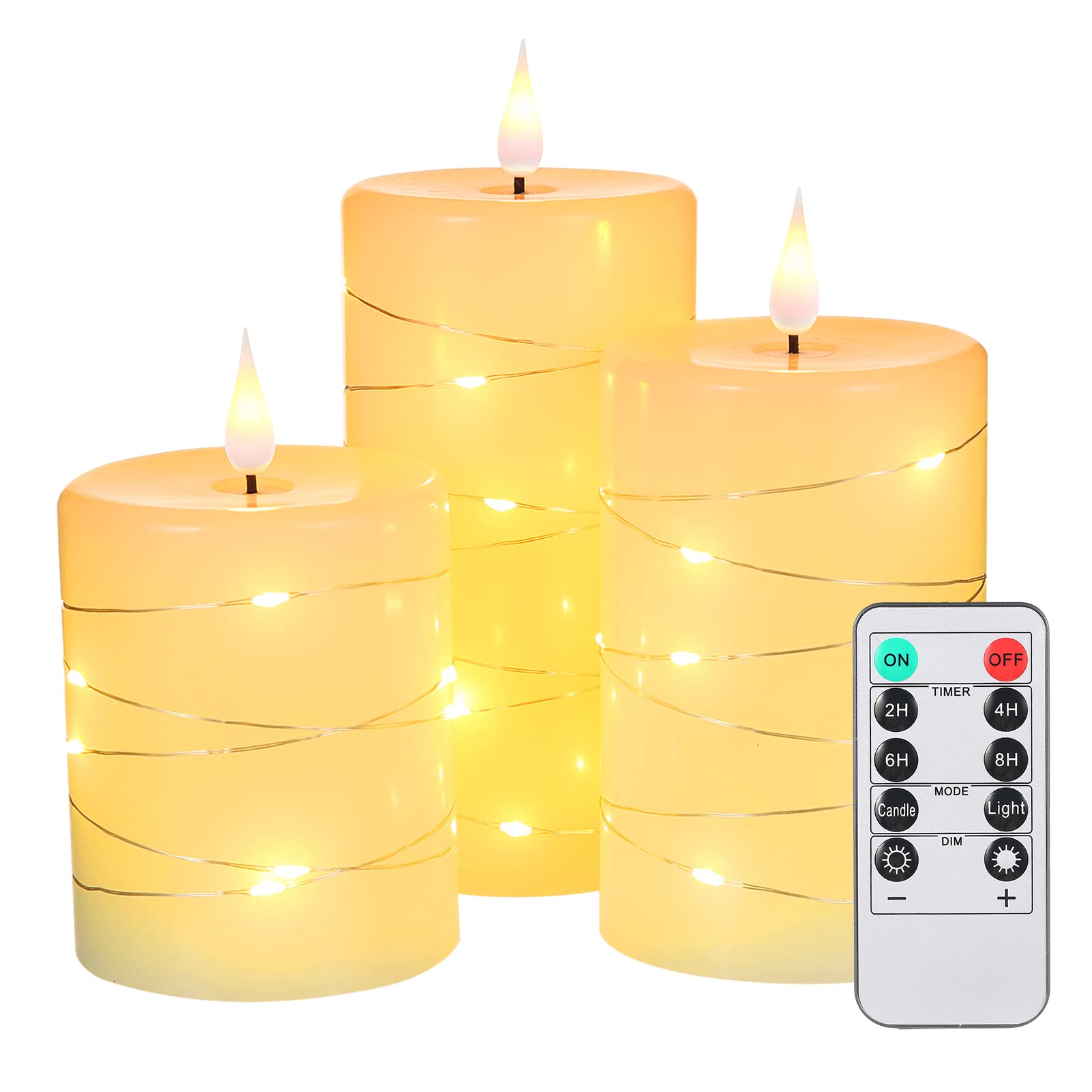 Flameless LED Candles with Remote & Timer - Battery Operated Flameless Candles Set of 3, Flickering Electric Candles with String Lights for Bedroom, Wedding, Christmas Party Decorations - Romantic Ambiance & Home Decoration