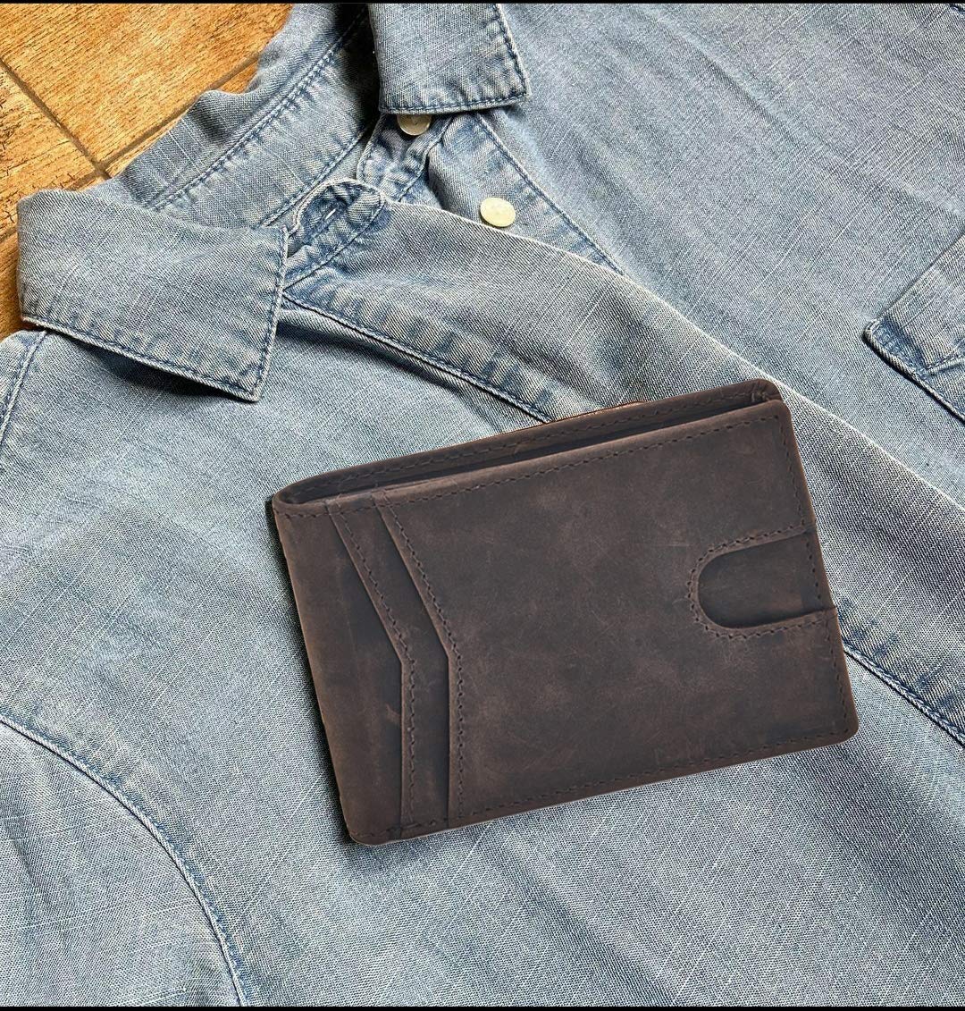 Men's Genuine Leather Bifold RFID Blocking Wallet - Slim Front Pocket Minimalist Design with ID Window - Gift Box Included (Crazy Horse, Coffee) - Perfect for Everyday Carry, Travel & Business Use