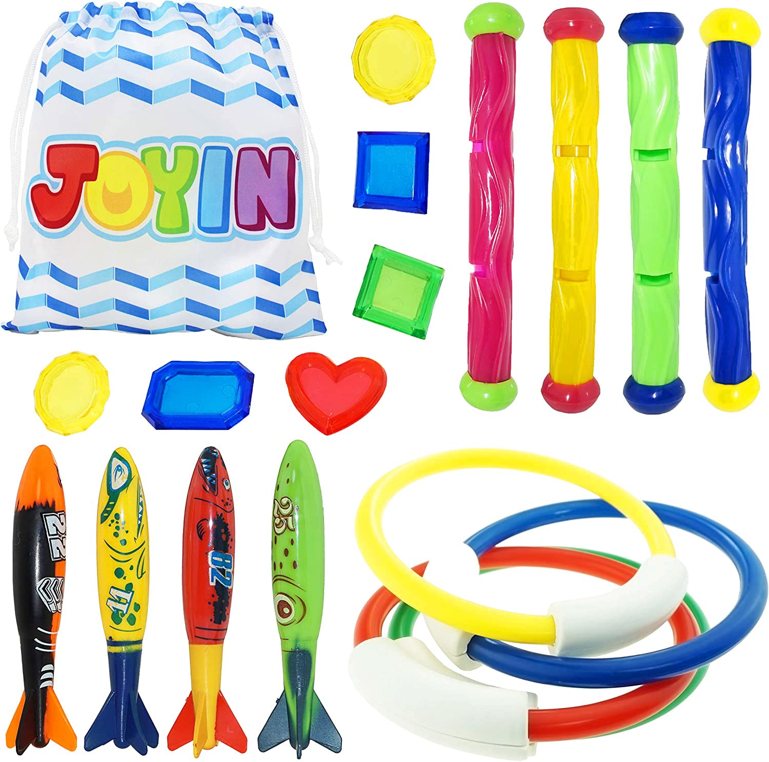 JOYIN 18Pcs Kids Pool Toys Set - 4 Floating Rings, 4 Diving Sticks, 4 Bandits & 6 Underwater Treasures with Storage Bag - Fun Swimming Pool Games for Ages 8-12 - Perfect for Summer Parties, Beach Trips & Backyard Pool Fun