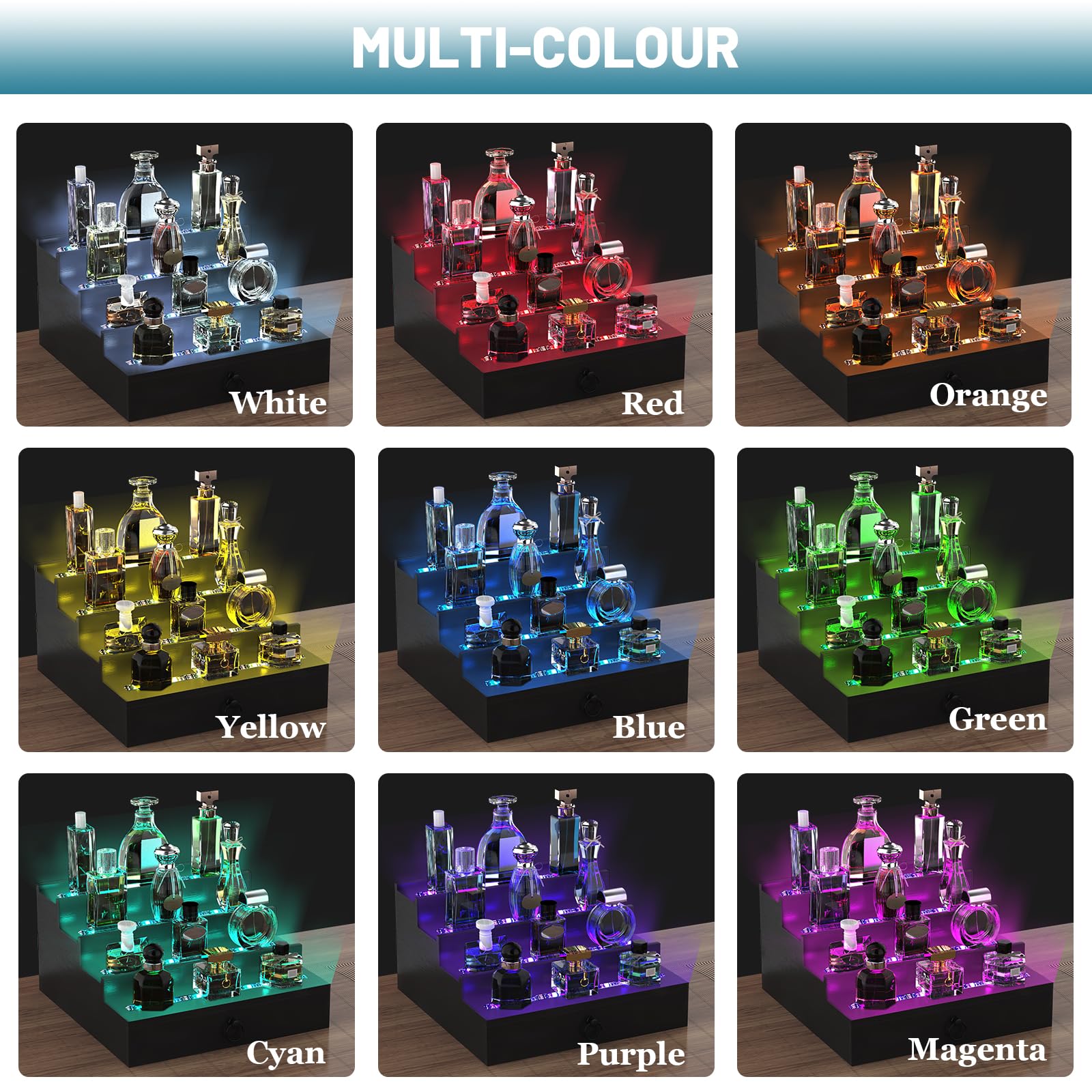 4-Tier LED Lighted Cologne Organizer for Men - Wooden Perfume Display Stand with Velvet Lined Drawer, Remote Control & Multiple Lighting Modes - Perfect Perfume Shelf for Bedroom, Bathroom or Dresser - Great Gift Idea for Him