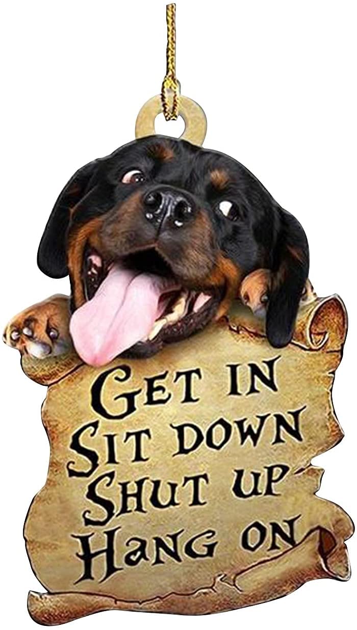 Decorative Hanging Car Ornaments for Dog Lovers - Two-Sided Acrylic Puppy Car Accessory with 'Get In Sit Down Shut Up Hang On' Design - Perfect Gift for Rottweiler Owners (Car Decor, Pet Lover Gift, Vehicle Accessory)