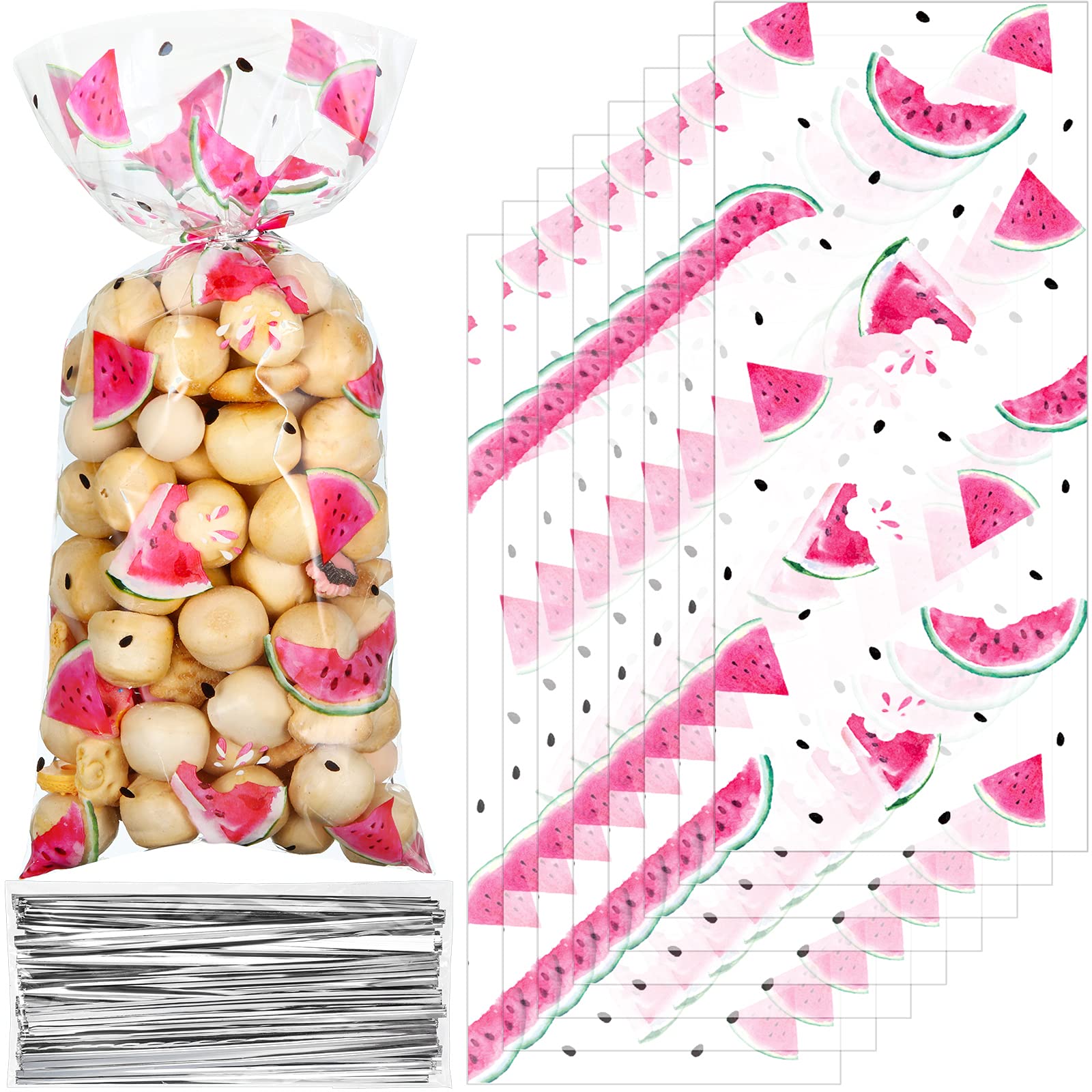 100-Piece Watermelon Party Treat Bags - Colorful Cellophane Goodie Bags with Twist Ties for Candy, Snacks & Favors | Perfect for Kids Birthday Parties, Summer Events, Baby Showers & Wedding Decorations
