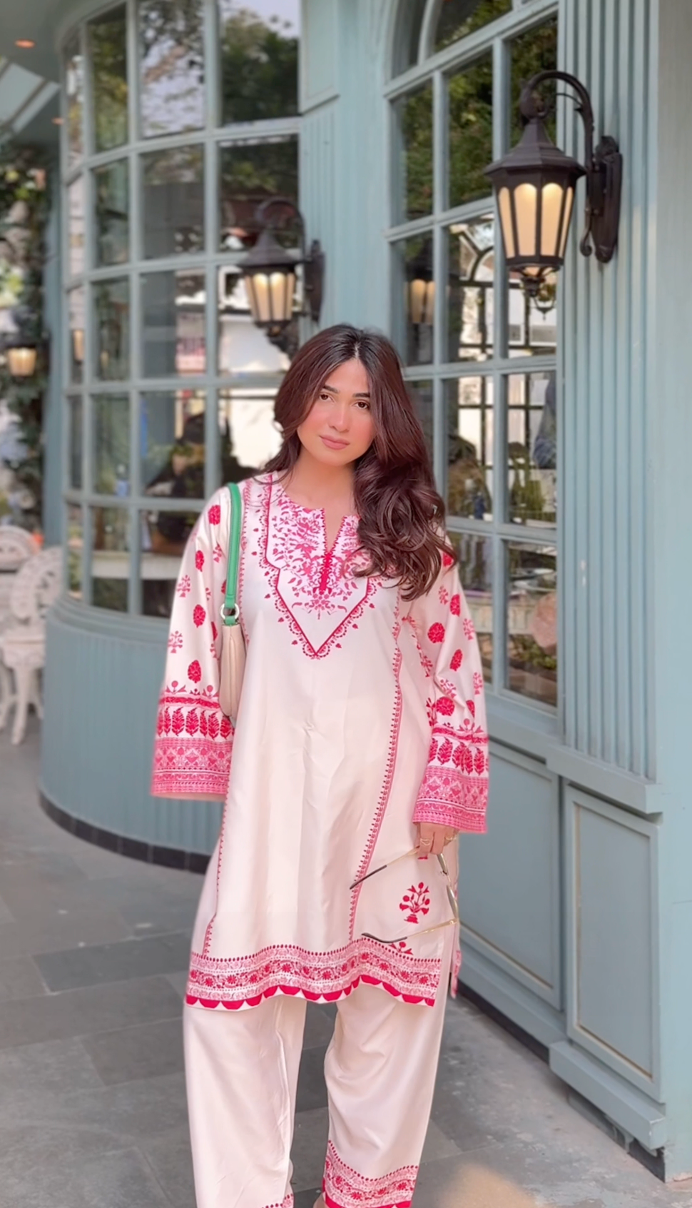 Shivani Printkari Poly Muslin Co-Ord Set in Off White & Pink | Stylish Women's Matching Outfit for Casual Wear, Parties & Festive Occasions