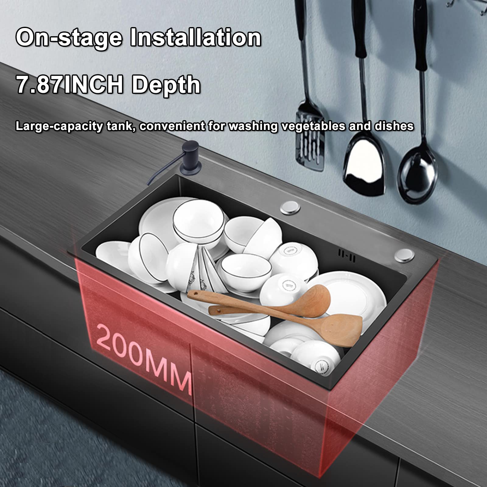 Undermount Single Bowl Kitchen Sink with Faucet - 304 Stainless Steel, Large Capacity, Black Nano Coating - Perfect for Home Kitchens, Restaurants & Commercial Use