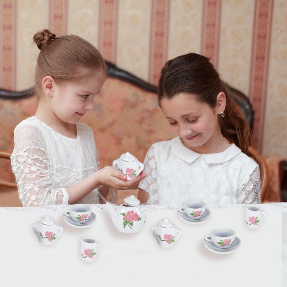 ArtCreativity 13-Piece Rose Flower Ceramic Doll Tea Set with Cups & Plates - Pretend Play Tea Party Kit for Girls Age 8+ - Perfect for Birthday Gifts, Role Play, and Imaginative Playtime