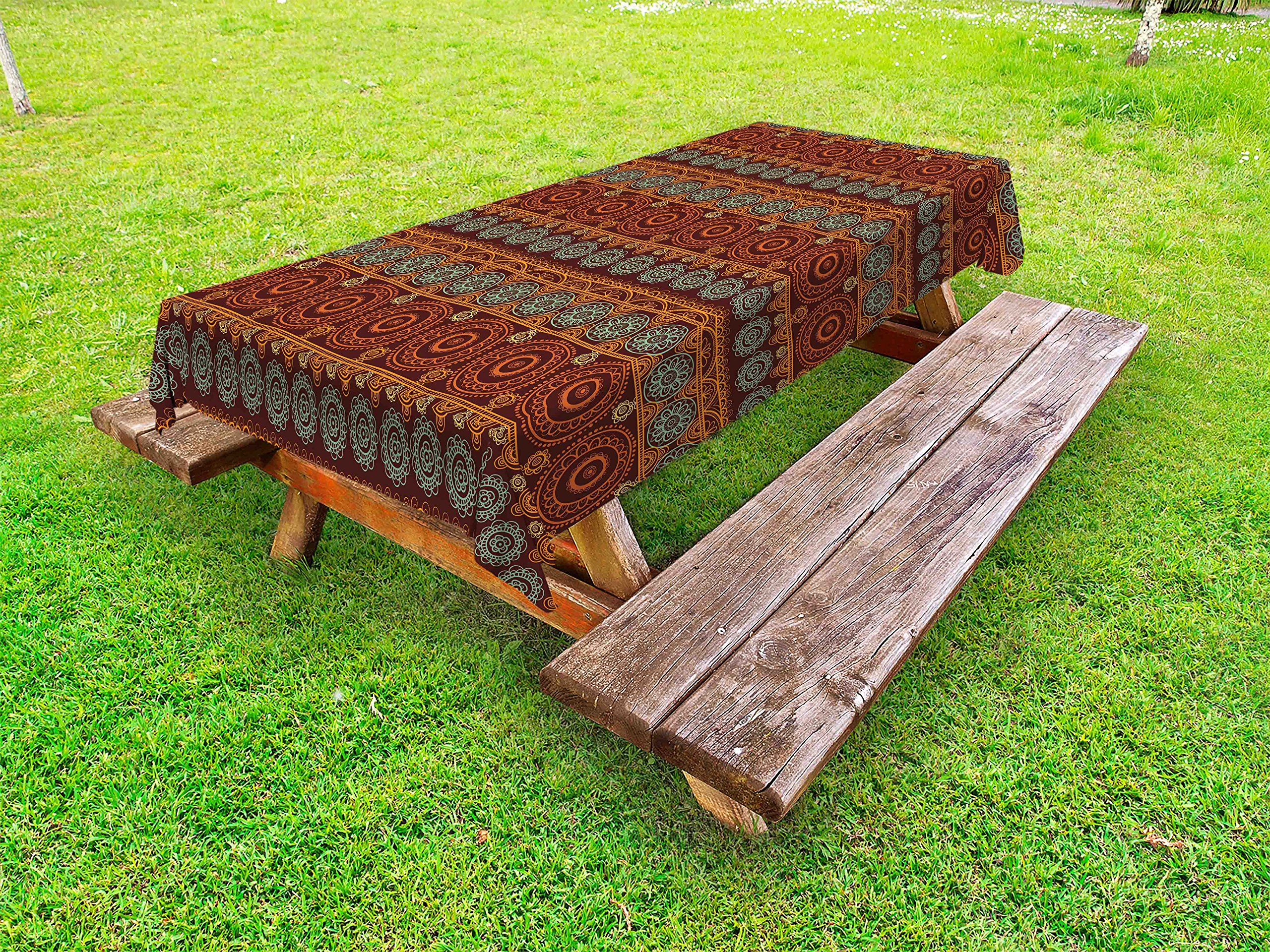 Ambesonne Earth Tones Outdoor Tablecloth - Hand Drawn Floral Art, Prehistoric Cultural Mandala Design, Washable Picnic Table Cover 58x84 Inches - Perfect for Garden Parties, BBQs, and Outdoor Dining