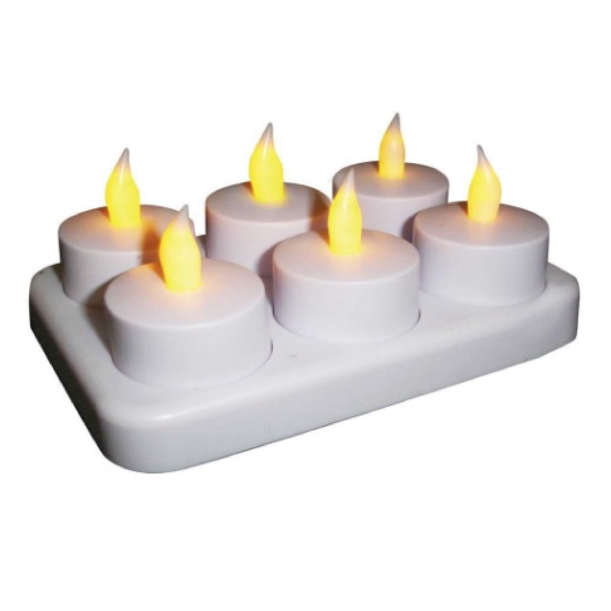 Brite Star 6-Pack White Rechargeable Flameless LED Tea Light Candles with Charging Dock - 7.5 Inch Battery-Operated Fake Candles for Home Decor, Wedding Centerpieces, Romantic Dinner Ambience & Holiday Lighting