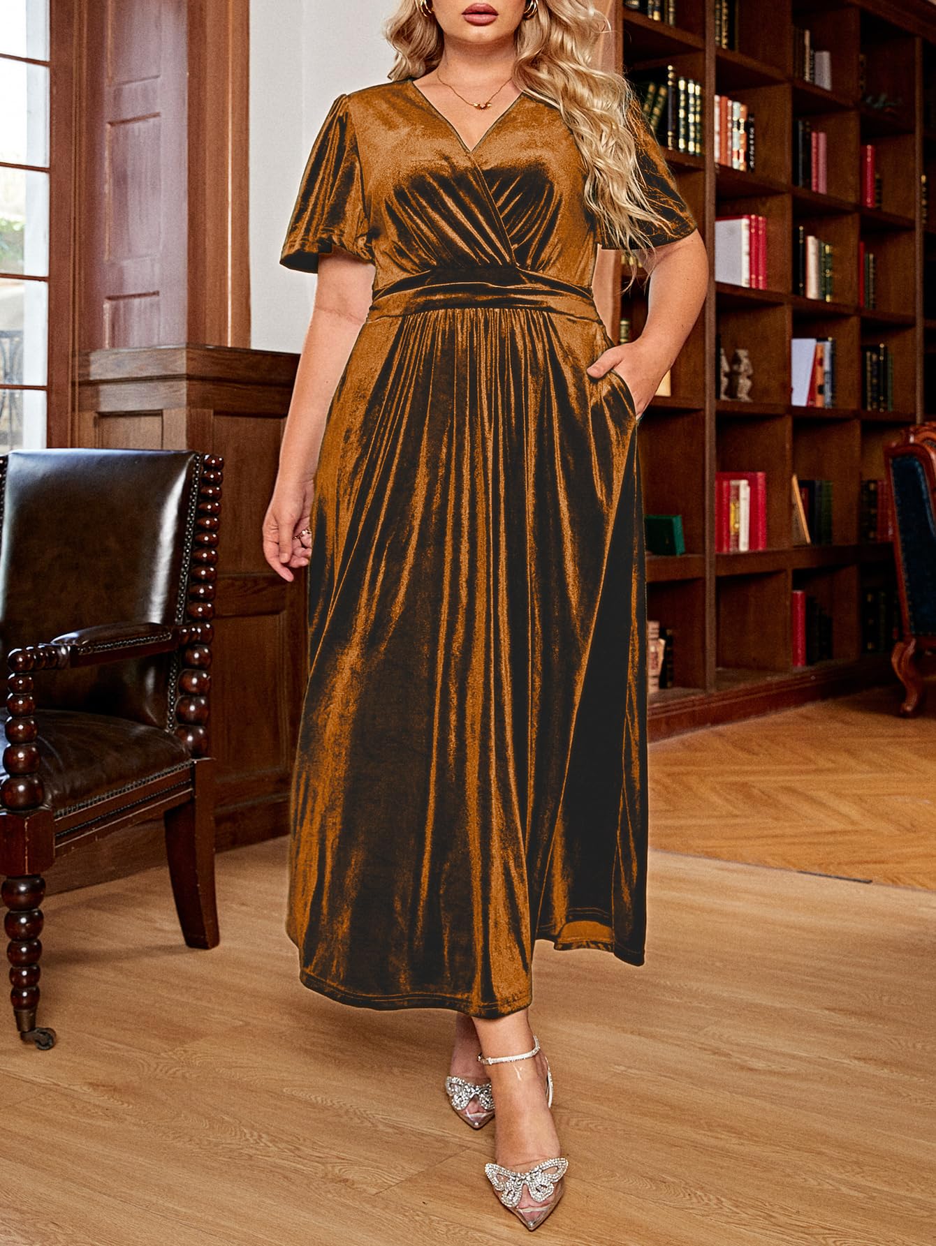 BerryGo Women's Plus Size Velvet Formal Dress - Elegant Maternity Maxi Dress with V-Neck & High Waist for Wedding Guest, Party & Special Occasions