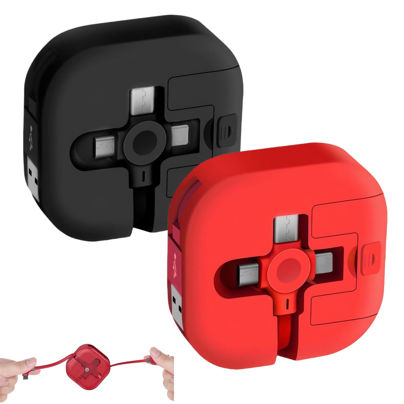 2-Pack 3-in-1 Retractable Charging Cable with Phone Stand - 3A Fast Charger, 1M Multi-Port Cable (Lightning/Type-C/Micro USB) for iPhone, Android, Laptop - Perfect for Travel, Office & Home Use (Red+Black)