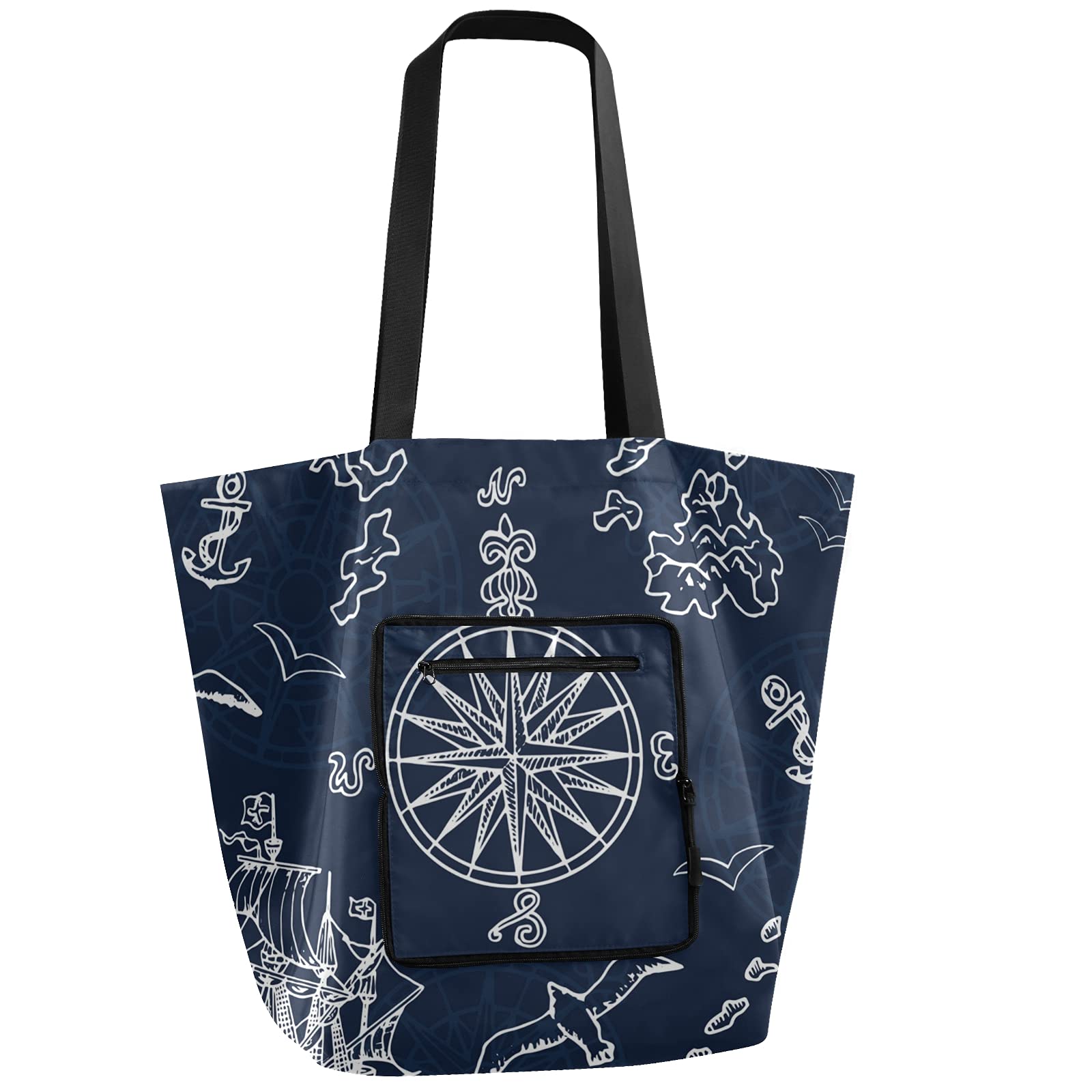 **Foldable Heavy Duty Nautical Compass Tote Bag - Reusable Grocery Shopping Bag for School, Work, Gym & Travel | Durable Shoulder Bag for Sports, Beach & Outdoor Adventures**