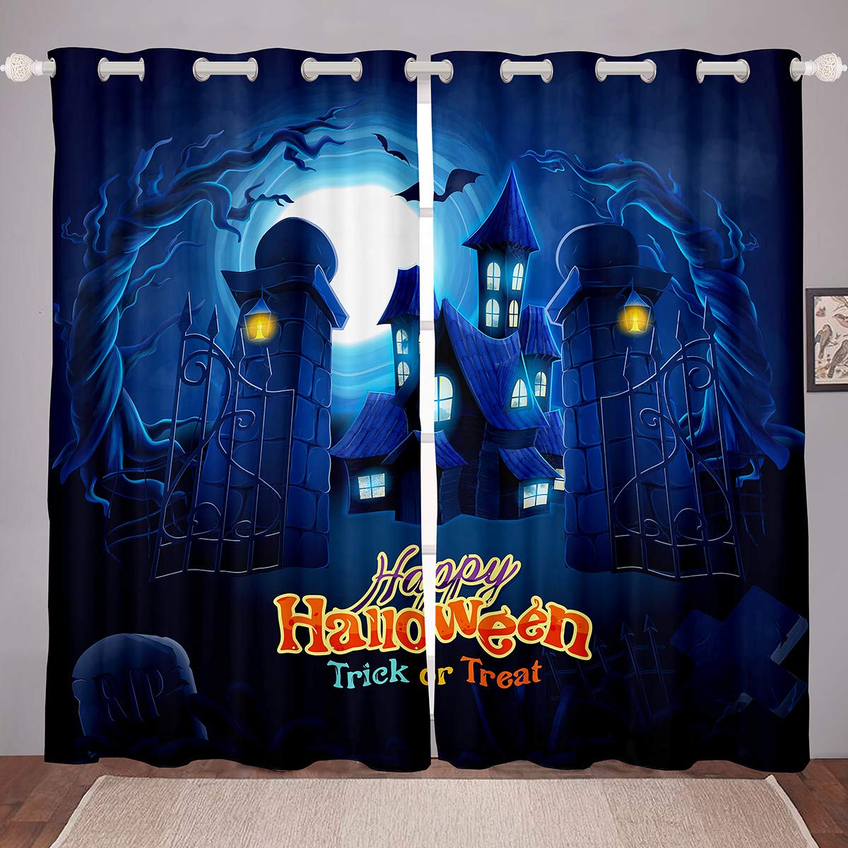 Halloween Trick or Treat Window Curtains - Cartoon Castle & Bat Design Blackout Drapes for Living Room, Bedroom - 84x84 Inch 2-Panel Set with Steel Grommets, Microfiber Fabric - Perfect for Halloween Party Decor, Spooky Home Decorations & Seasonal Window Treatments