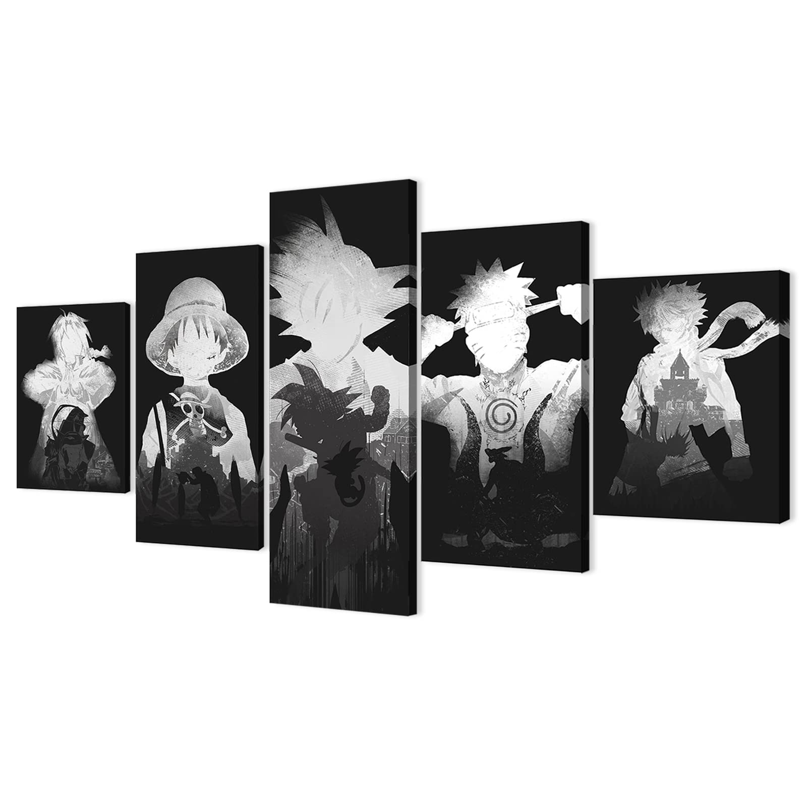 One Piece & Fullmetal Alchemist Anime Poster Set - 5 Piece Framed Canvas Wall Art (60x32 Inch) - Luffy & Elric Print Painting for Home Decor, Bedroom, Game Room & Office - Perfect Gift for Anime Fans & Boys