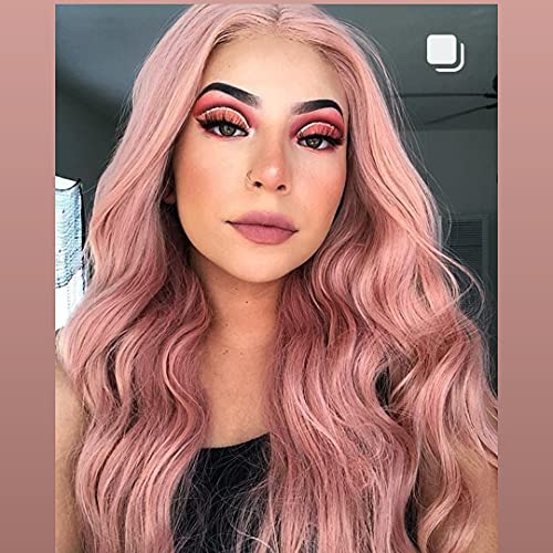 Rose Gold Pink Lace Front Wig for Women - 24 Inch Heat Resistant Synthetic Hair with Natural Curly Wavy Style - Perfect for Cosplay, Costume Parties, Daily Wear & Special Occasions