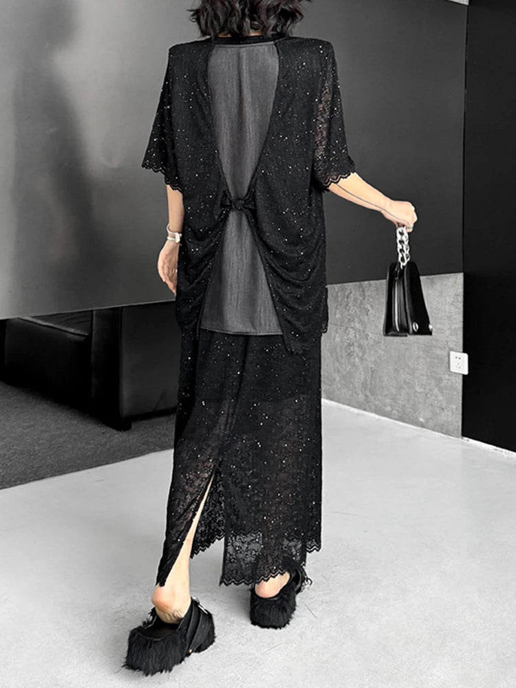 Black Lace T-Shirt & Back Slit Skirt 2-Piece Set - Round Neck Short Sleeve Women's Fashion Outfit for Spring Summer 2025 | Casual Wear, Date Night, Office Attire