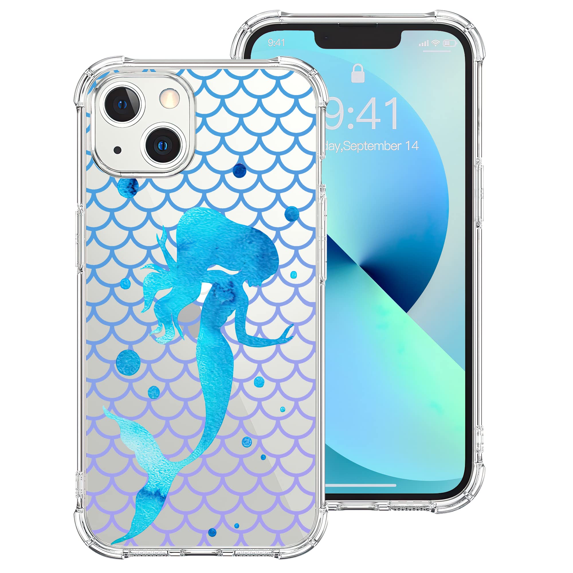 Losthll Clear Shockproof iPhone 13 Case - Blue Mermaid Design, Reinforced TPU Bumper for Women & Girls | Compatible with iPhone 13 6.1 Inch | Perfect for Everyday Protection & Stylish Look