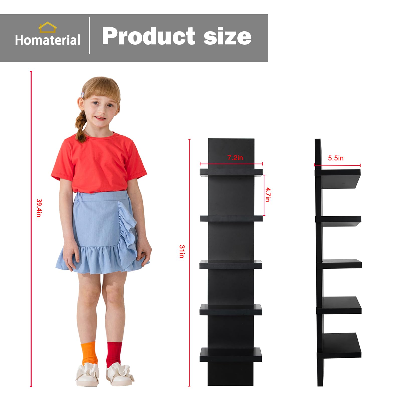 5 Tier Floating Wall Shelves - Vertical Column Wall Decor with Natural Finish for Bedroom & Living Room - Black - Perfect for Displaying Books, Plants, and Decorative Items