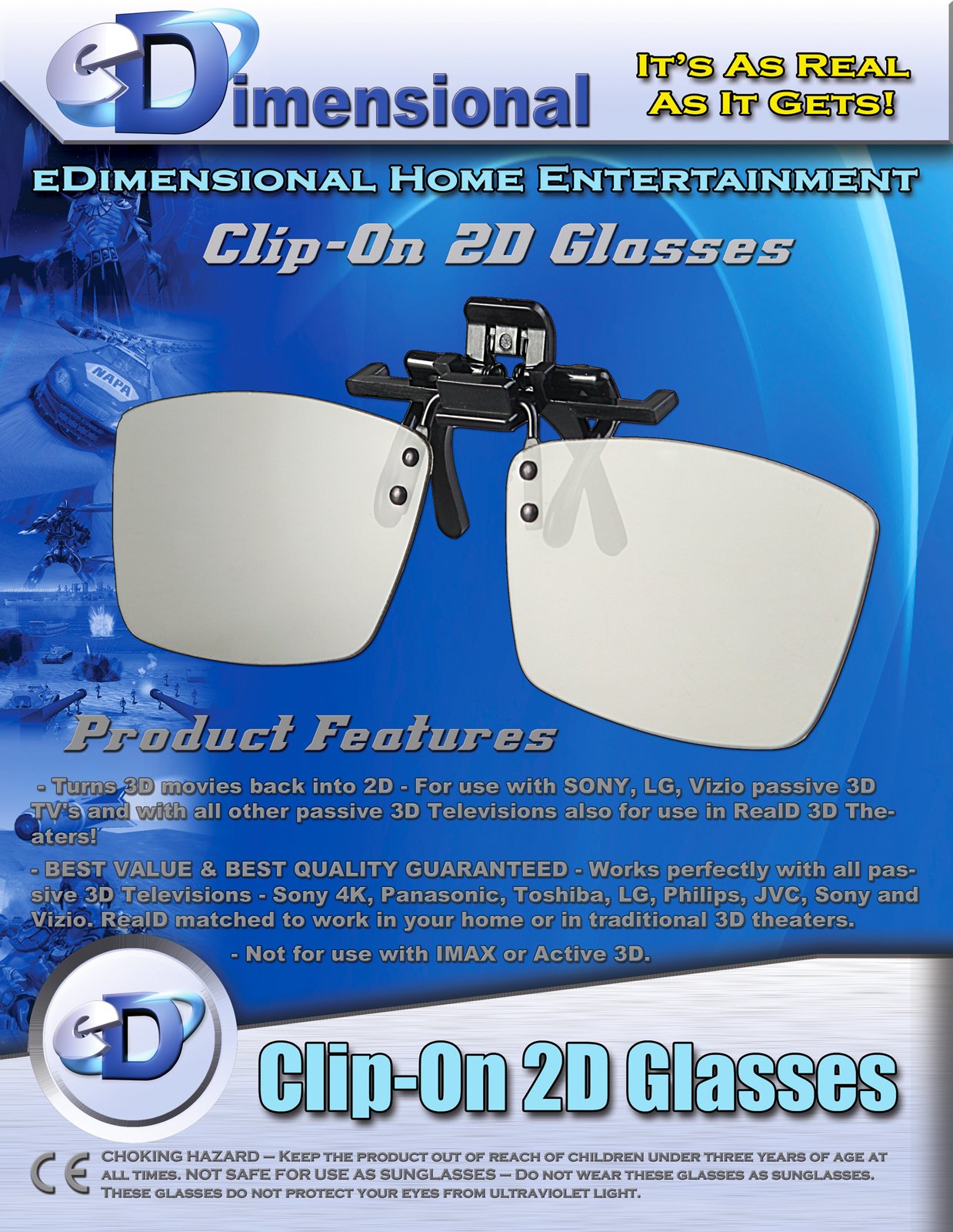 2D Glasses CLIP-ON 4 Pack - Convert 3D Movies to 2D for Passive 3D TVs (LG, Sony, Vizio) & RealD Theaters | Comfortable Clip-On Design for Home Cinema & Movie Theaters