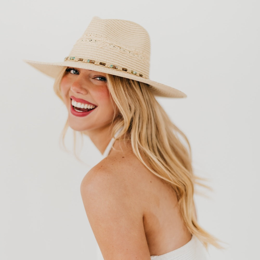 Isabella Woven Beaded Band Straw Sun Hat for Women - Wide Brim Beach Hat with Decorative Beads - Perfect for Summer Vacation, Pool Party & Outdoor Activities