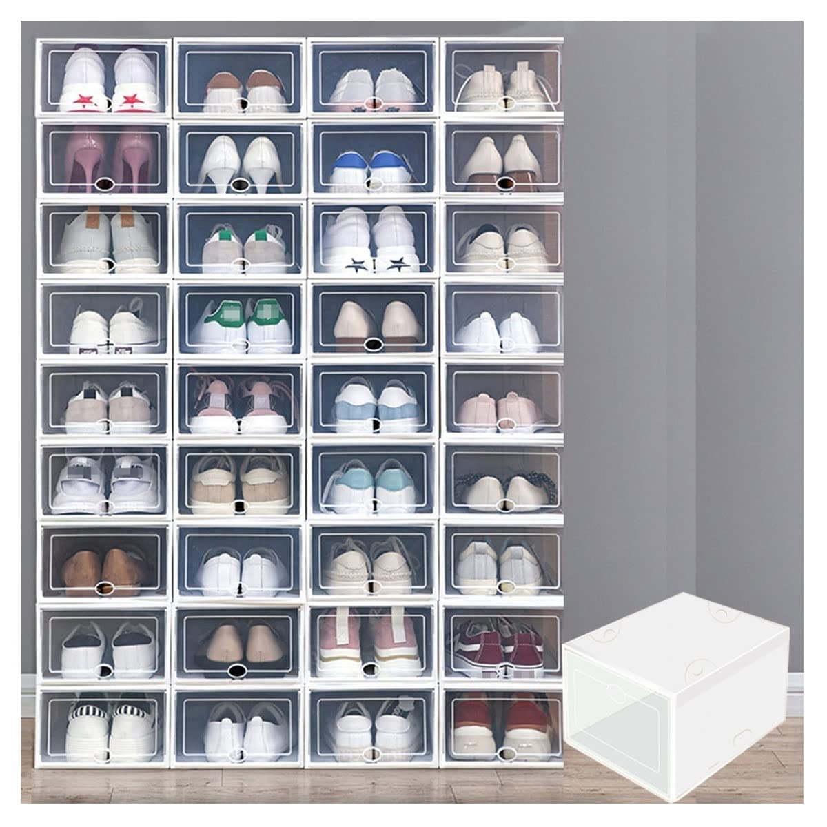 HUKSXZ Clear Stackable Shoe Storage Boxes - 24 Pack White Drop-Front Shoe Organizers with Transparent Door | 12.8