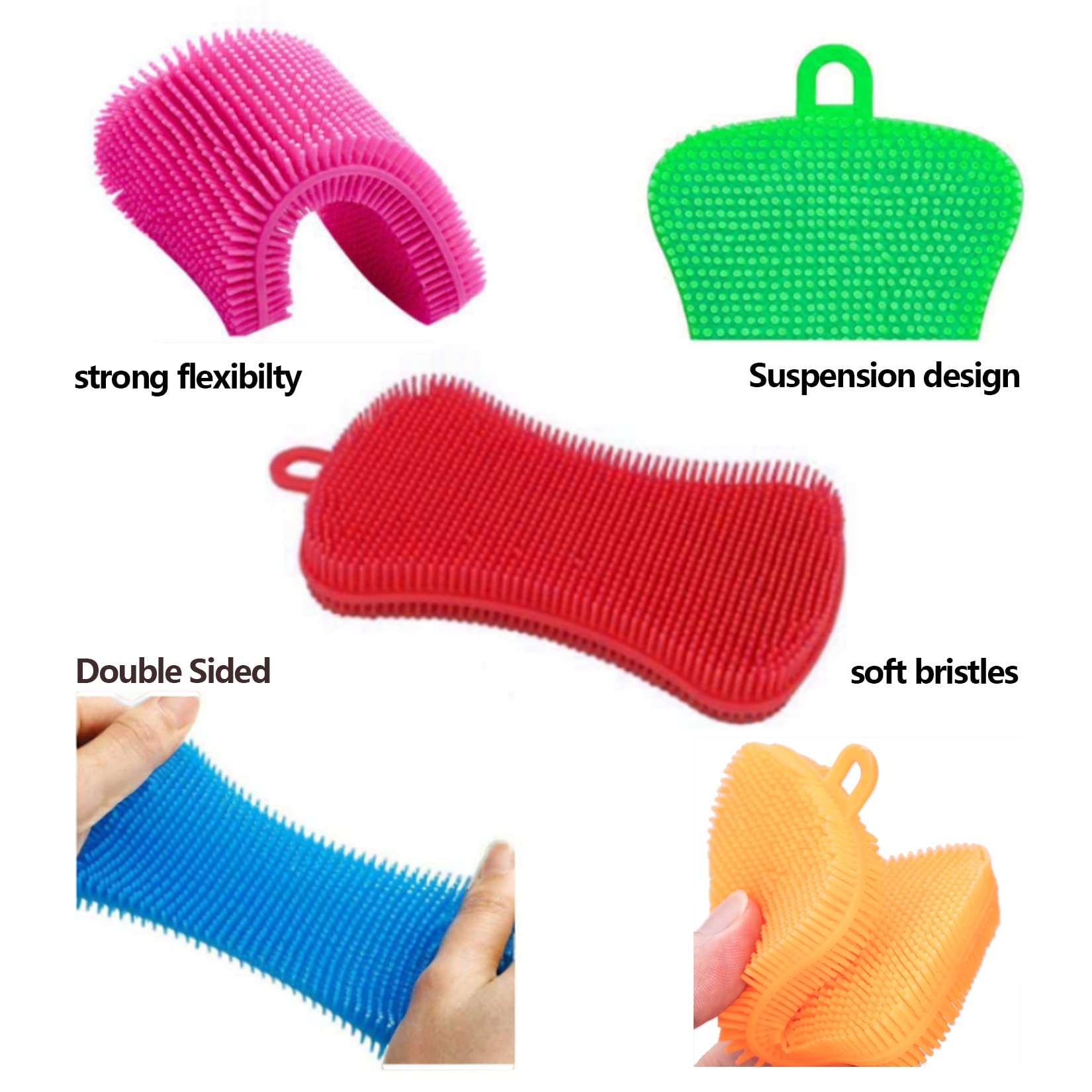 Non-Stick Silicone Dish Sponge Scrubber - 6 Pack Reusable Double-Sided Kitchen Cleaning Sponges for Washing Dishes, Fruits & Vegetables (Multicolor) - Perfect for Daily Kitchen Cleaning & Dishwashing Tasks