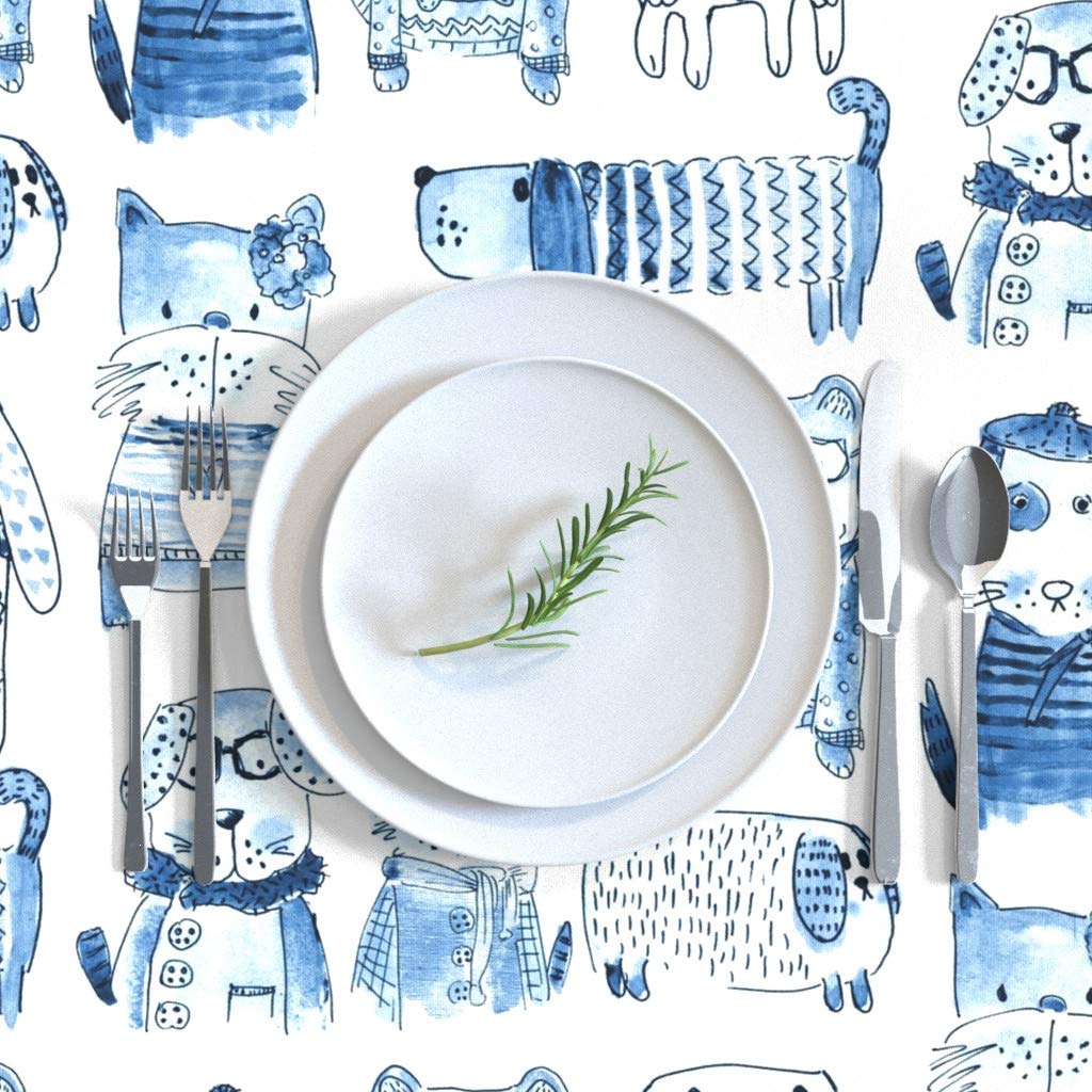 Premium Cotton Sateen Tablecloth 70x144 Inches - Dog Breed Watercolor Print in Indigo Blue | Jazz & Blues Inspired Monochrome Animal Design | Gender Neutral Dining Decor for Kitchen, Party & Holiday Tables