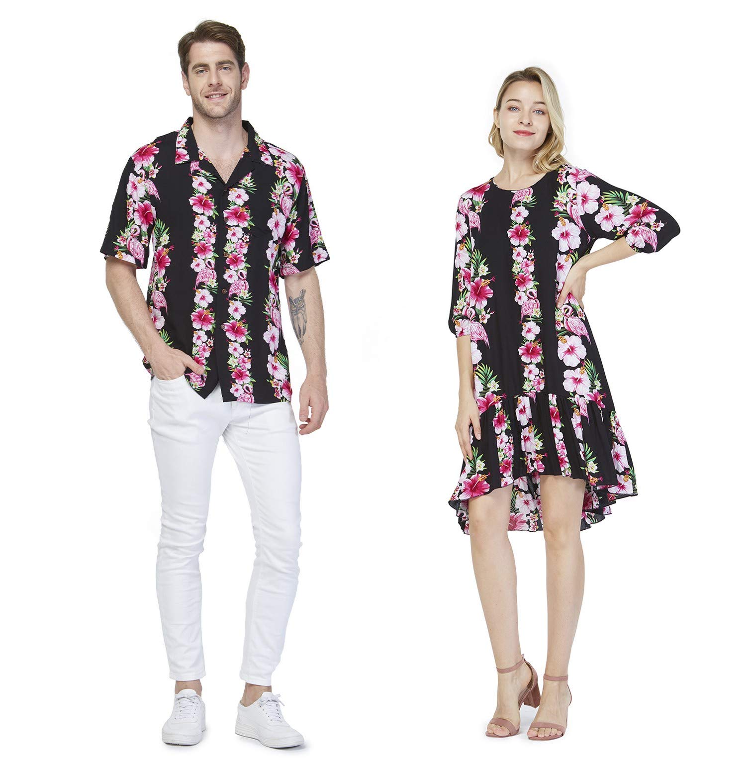 **Couple Matching Hawaiian Luau Shirt & 3/4 Sleeve Ruffle Dress Set - Pink Hibiscus Vine Print - Tropical Vacation Outfits for Beach Party, Summer Date, and Hawaiian Theme Events**