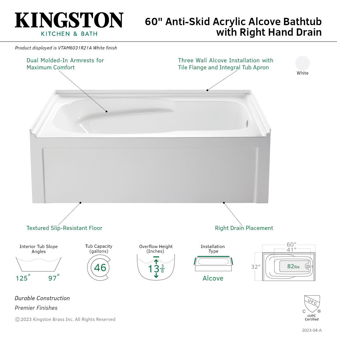Aqua Eden VTAM6031R21A 60-Inch Acrylic Rectangular 3-Wall Alcove Bathtub with Armrests & Anti-Skid Surface, Right-Hand Drain, Glossy White – Perfect for Modern Bathrooms, Spa-Like Relaxation, and Small Space Solutions
