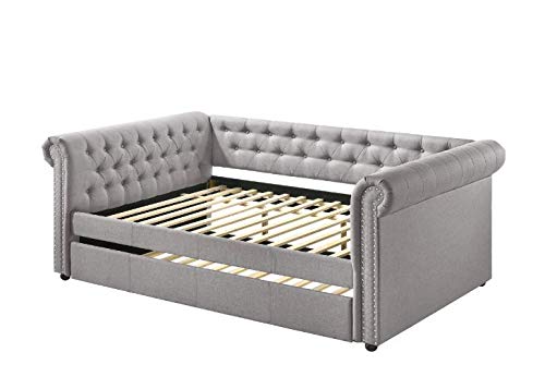 Harper & Bright Designs Upholstered Twin Daybed with Trundle - Twin Size Bed with Slat Support, Nailhead Trim & Rolled Arms - Convertible Sofa Bed for Living Room, Bedroom or Guest Room (Smoke Gray Fabric) - Perfect for Small Spaces & Sleepovers