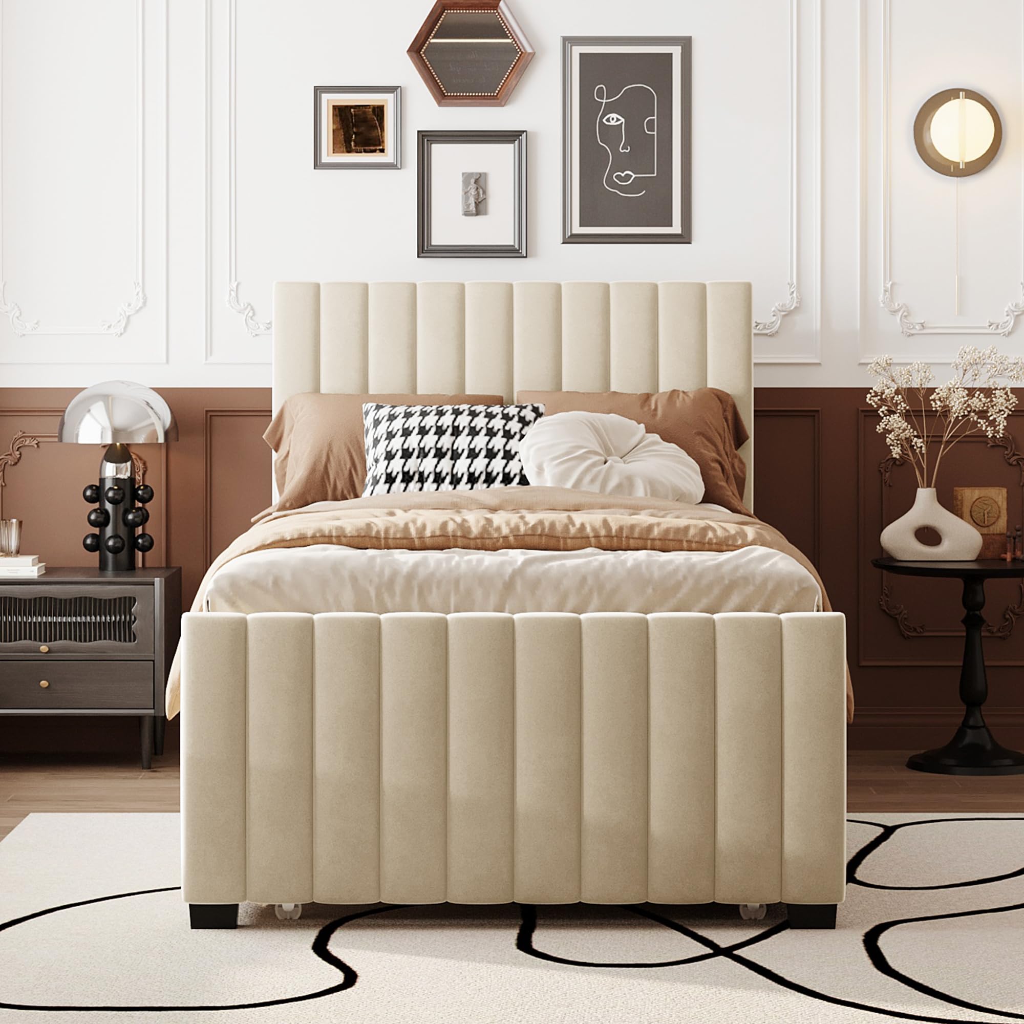 P PURLOVE Velvet Upholstered Twin Size Platform Bed Frame with Headboard & Trundle - No Box Spring Needed, Easy Assembly, Beige - Perfect for Small Bedrooms, Guest Rooms & Kids' Rooms