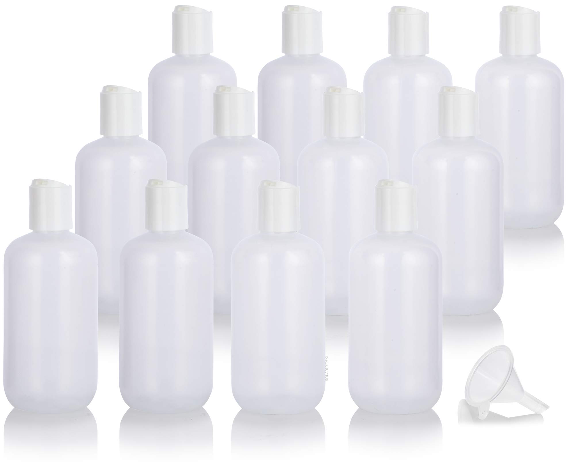 JUVITUS 12 Pack - 8 oz Clear LDPE Plastic Squeeze Bottles with White Disc Caps & Funnel - Leak Proof, BPA Free - Ideal for Essential Oils, DIY Beauty, Travel Toiletries & Kitchen Use