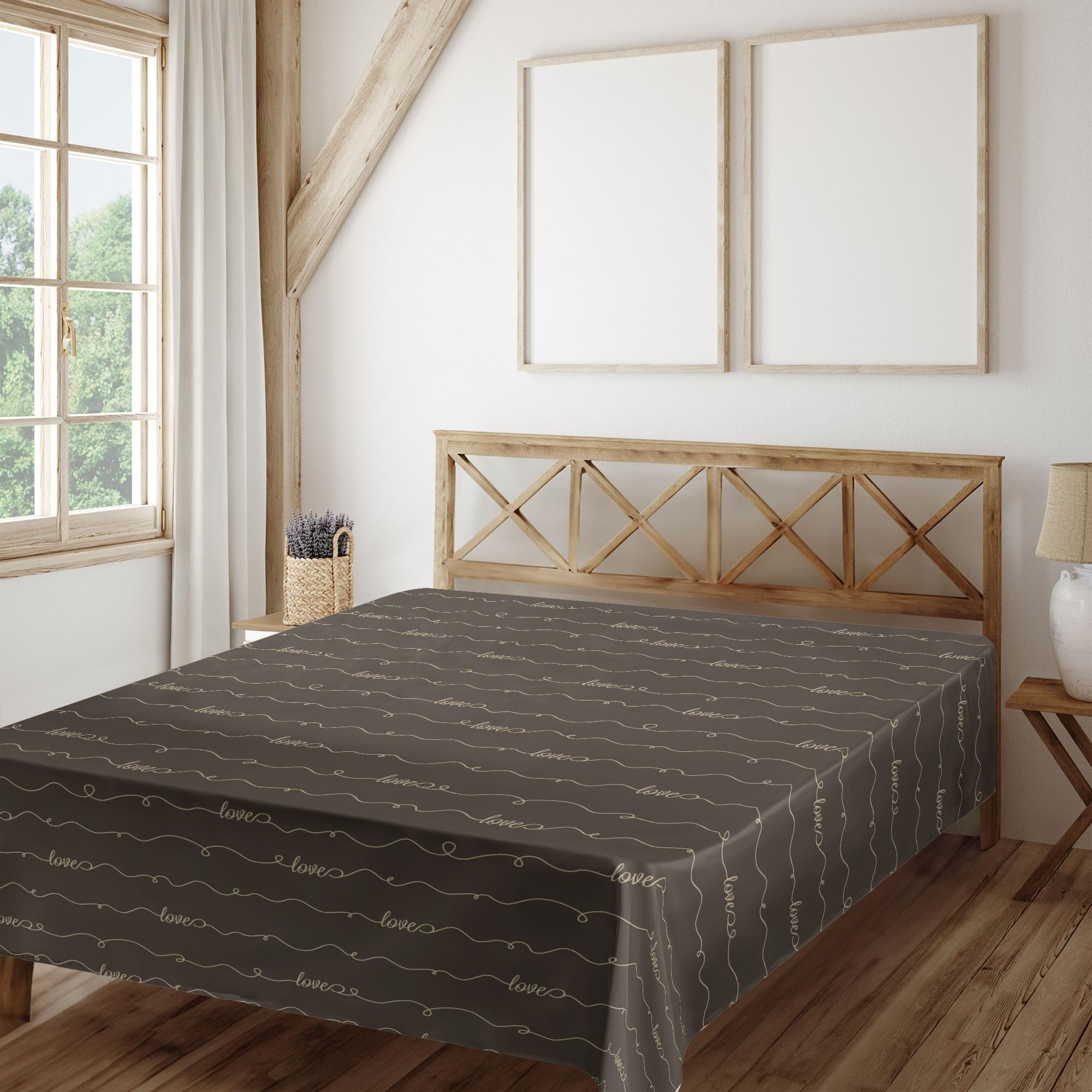 Ambesonne King Size Dark Brown & Cream Flat Sheet - Soft, Comfortable Decorative Top Bedding with 'Hope Love Fun Happy' Lettering - Perfect for Bedrooms, Photo Backdrops & Home Decor