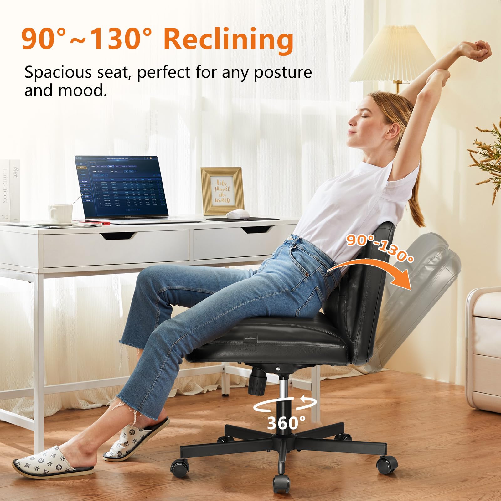 Criss Cross Legged Office Chair with Wheels - Armless Swivel Desk Chair, Wide Seat & Height Adjustable for Home Office, Computer Task, Vanity - Perfect for Cross-Legged Sitting, Work & Study