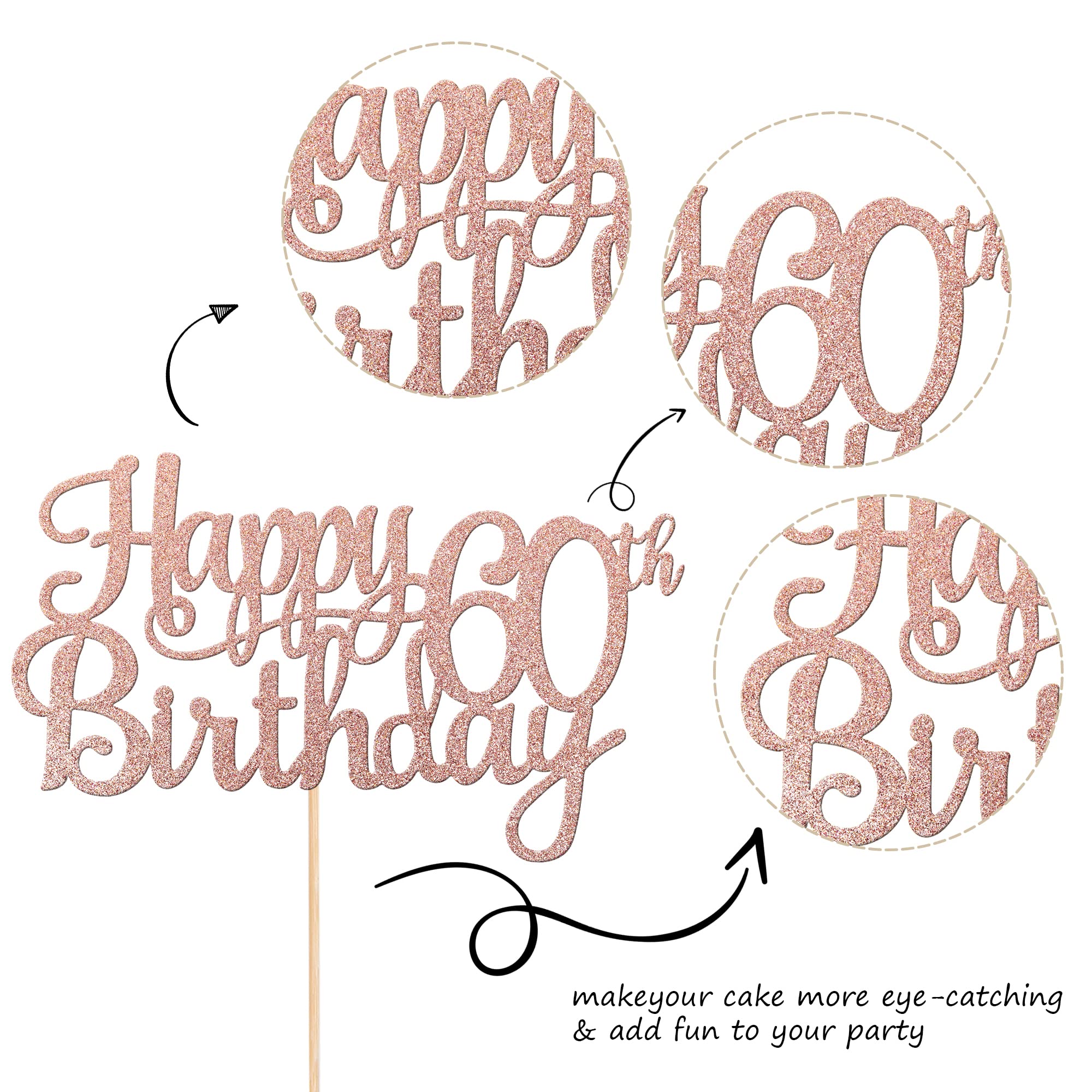 1 PCS 60th Birthday Cake Topper - Glitter 'Cheers to 60 Years' Cake Decoration for Happy 60th Birthday Party Supplies (Rose Gold) - Perfect for Anniversary Celebrations, Milestone Birthdays & Festive Decor