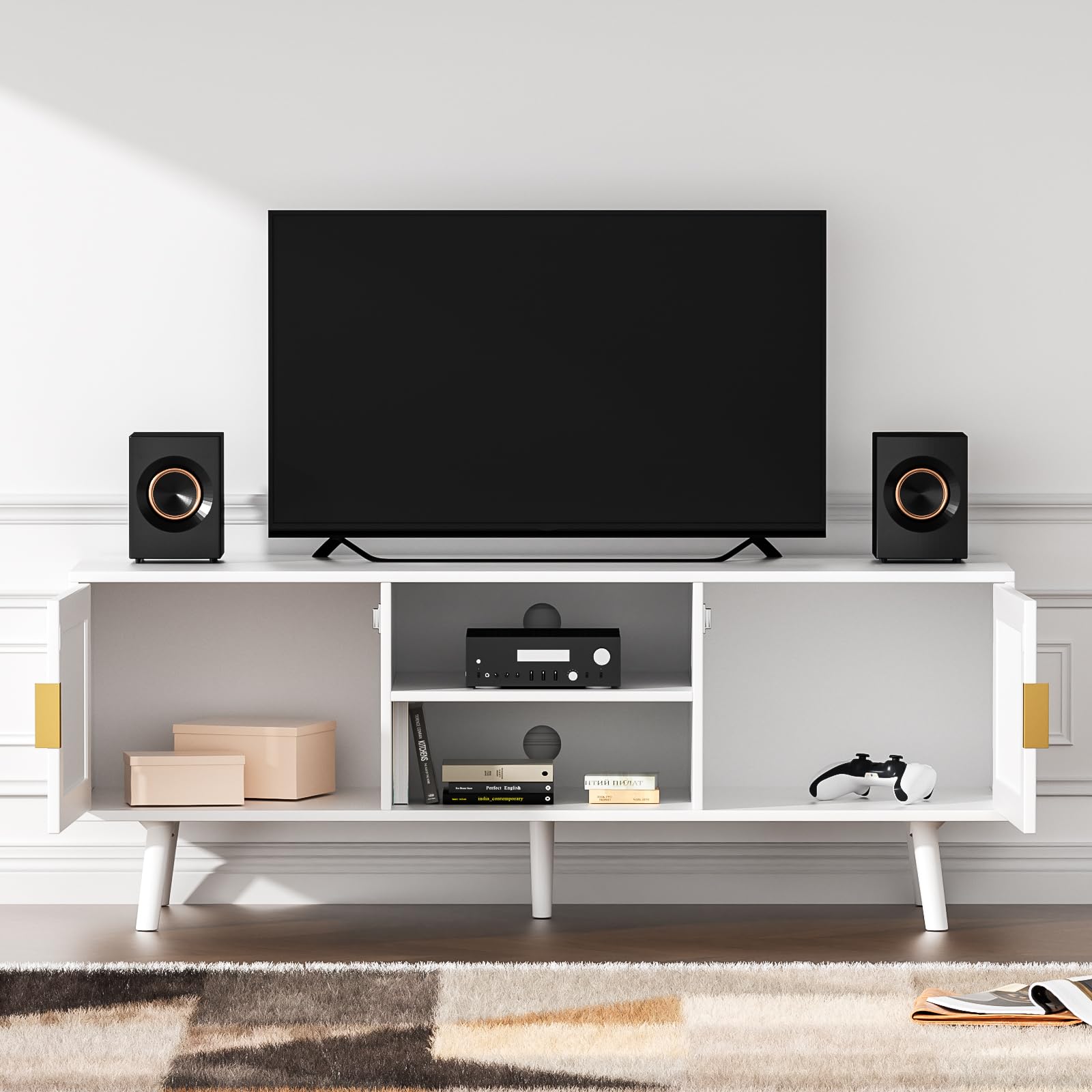 Anmytek 55 Inch Farmhouse Rattan TV Stand - Mid Century Modern Entertainment Center with Storage Cabinet, Wood Media Console for Living Room, Bedroom & Office - White H0055