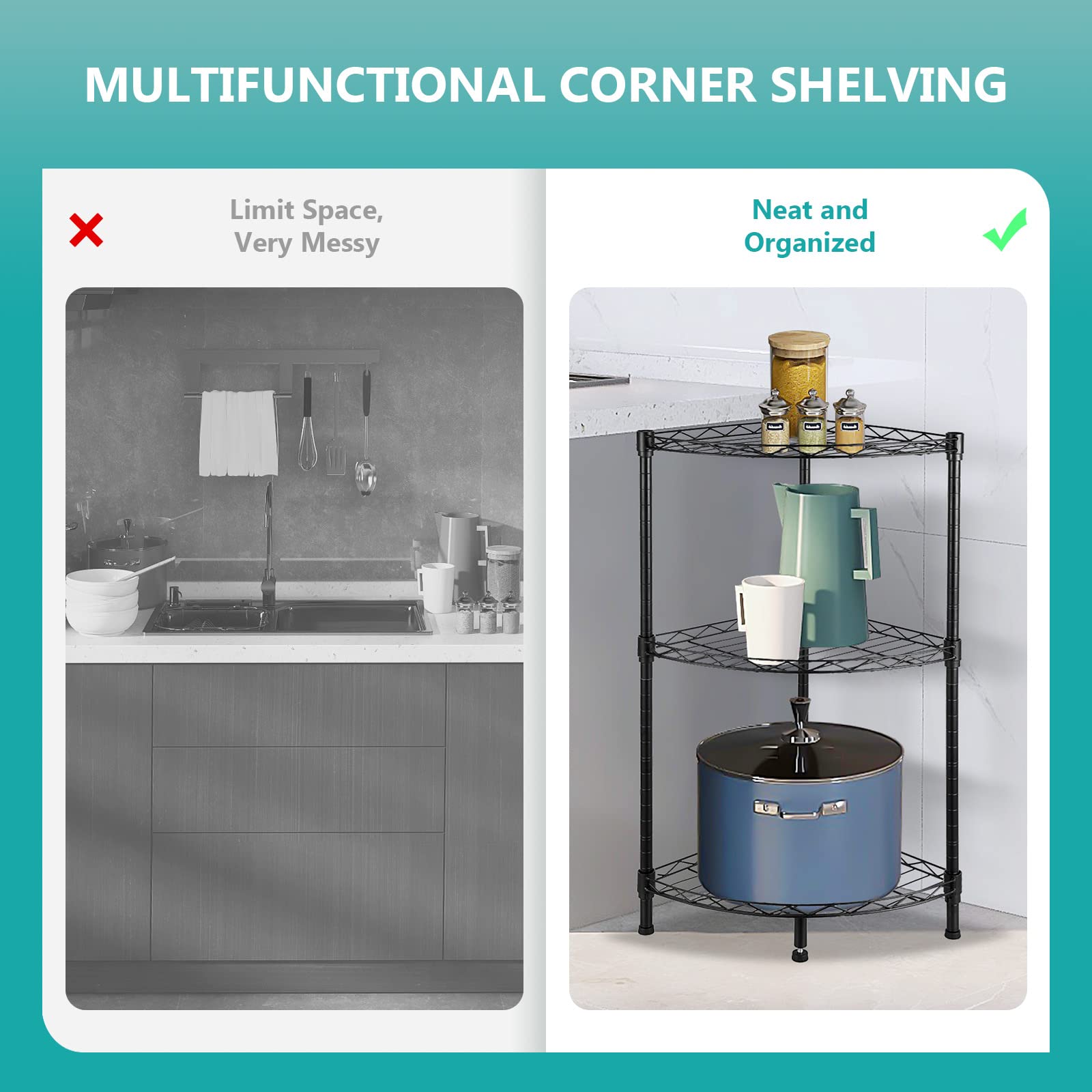 3-Tier Adjustable Metal Wire Corner Shelving Unit - 13.8