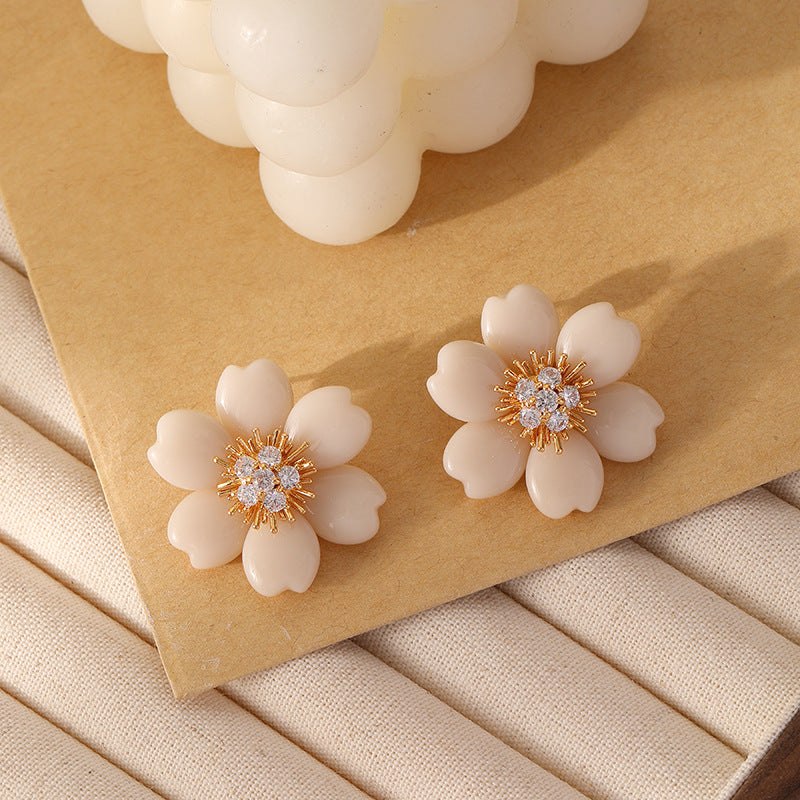 Elegant Light Beige Floral Earrings with Zircon Stones | DMS319 | Perfect for Weddings, Parties & Special Occasions
