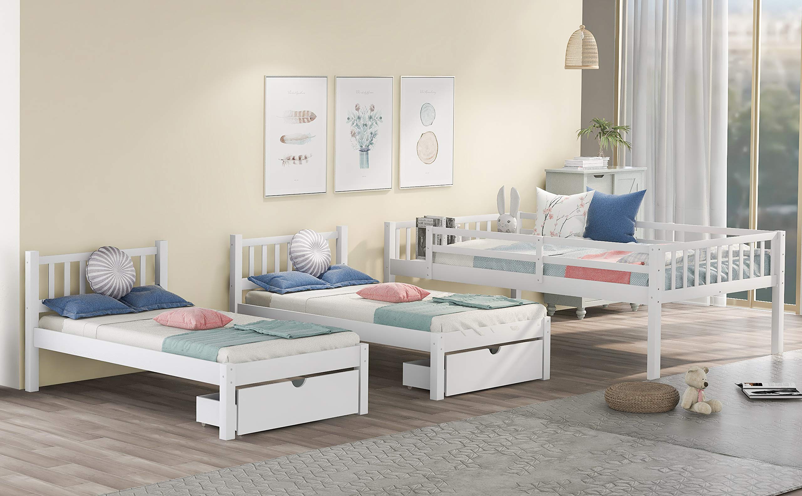 Wood Triple Bunk Bed with 3 Drawers & Guardrails - Full Over 2 Twin Bunk Bed for Family & Teens - No Box Spring Needed - Space Saving Kids Bedroom Furniture for Small Rooms & Vacation Homes