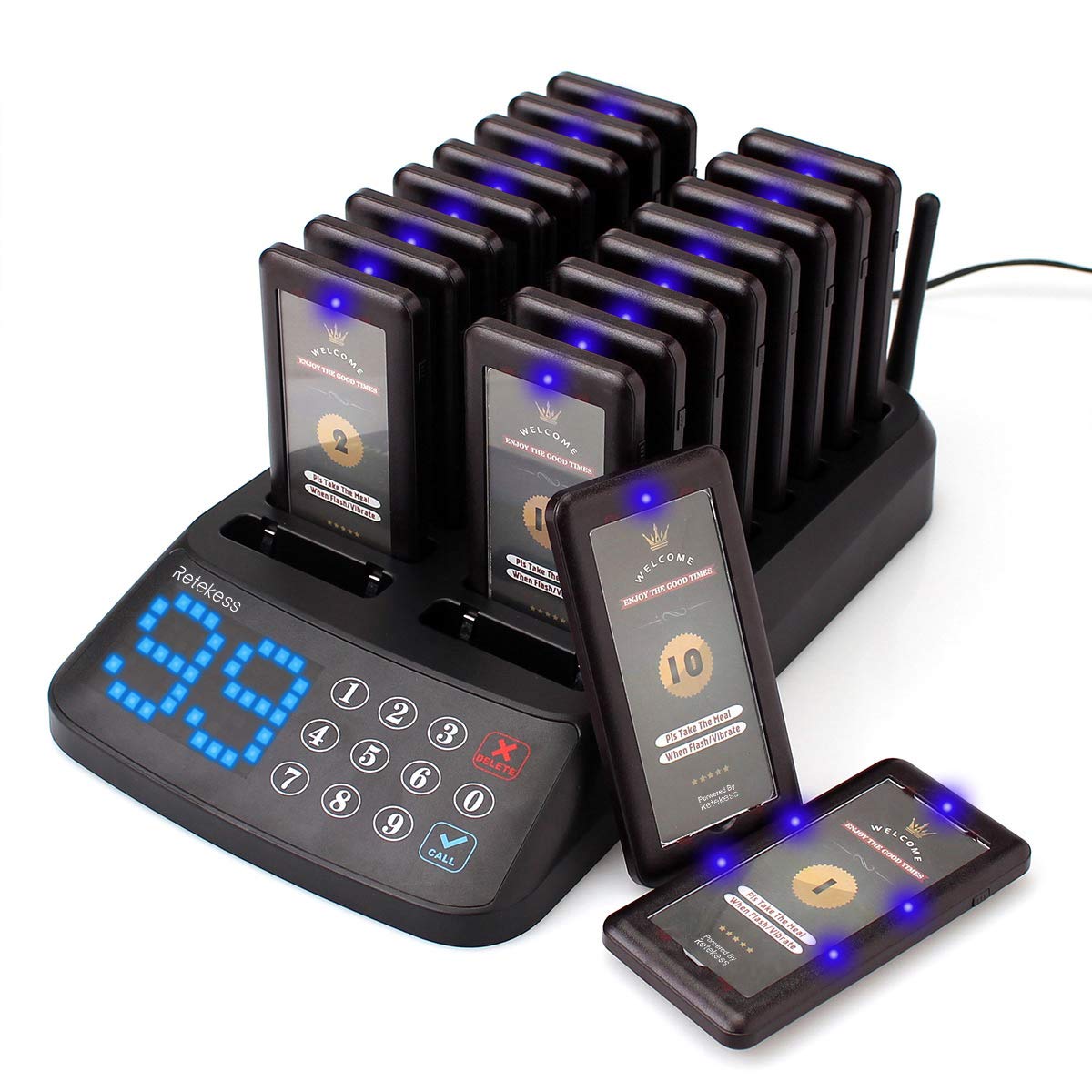 Retekess T115 Restaurant Pagers - 18-Pack Waterproof Wireless Pager System with Touch Keyboard, Vibration & Flash Alerts for Food Trucks, Cafes, Church Nurseries - Ideal for Order Pickup & Customer Notification