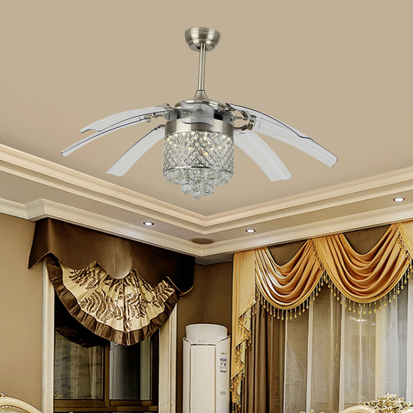 42 Inch Modern Ceiling Fan with Lights & Remote Control - 8 Auto-Telescopic Blades, 110V Chandelier Style for Living Room, Bedroom & Outdoor Spaces